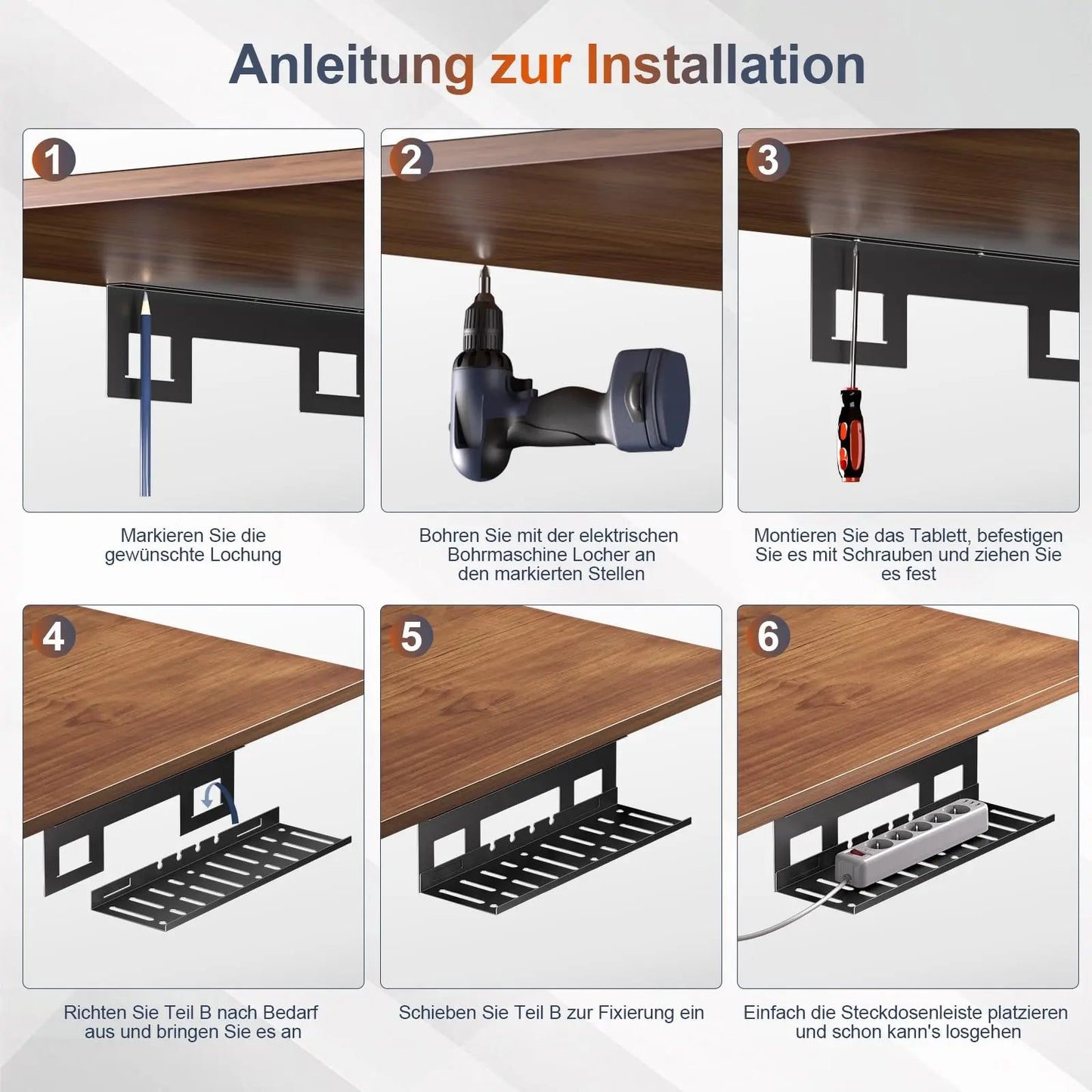 PUTORSEN Cable Tray Desk for Optimal Cable Management - Ideal for Home Office and Workstations, with up to 3kg Load Capacity & Ventilation, 2-Pack Set PUTORSEN
