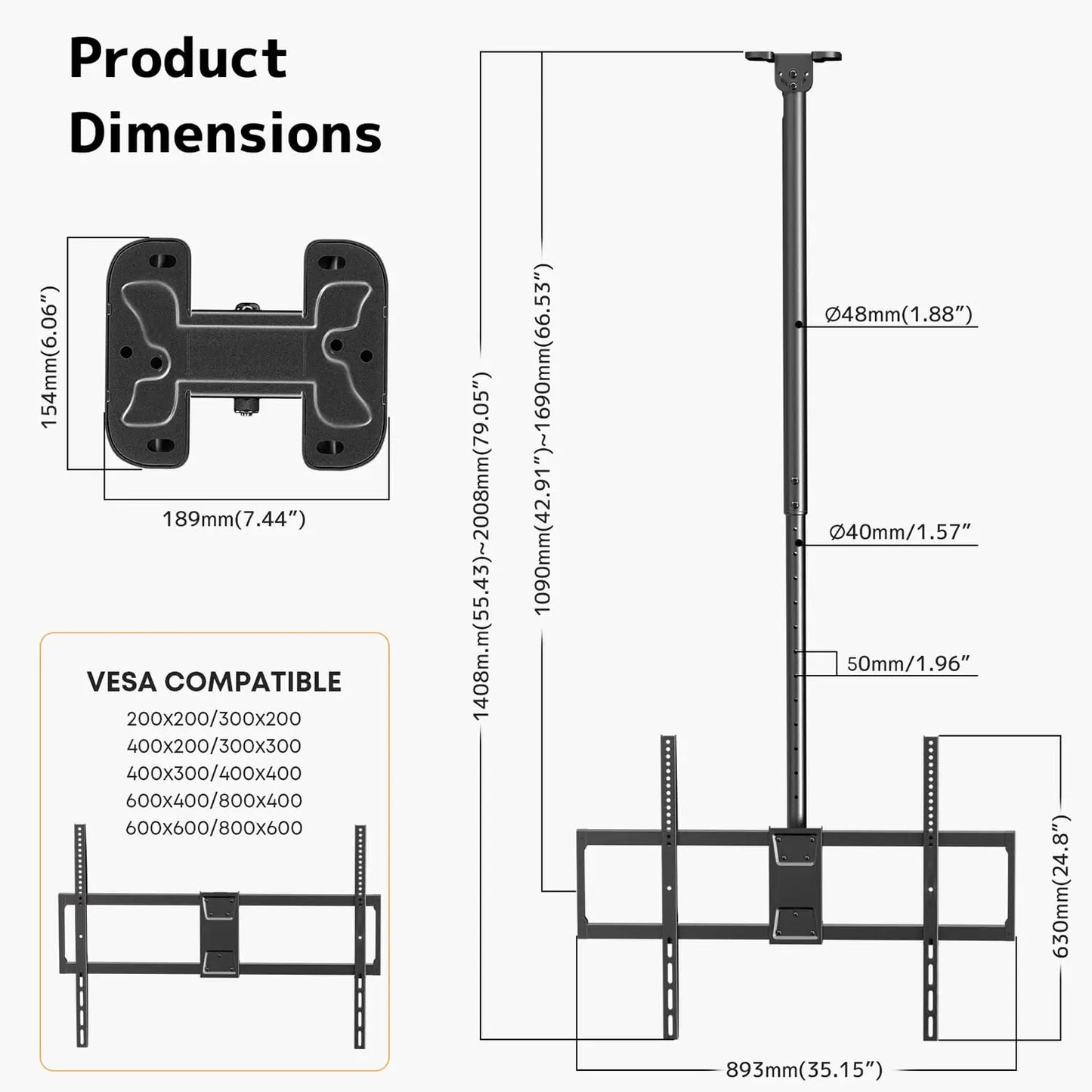 PUTORSEN Ceiling TV Mount – Adjustable Hanging Ceiling TV Bracket Fits Max 100 inch LCD LED OLED 4K TVs,Pole Ceiling Mount Supports up to 176lbs PUTORSEN