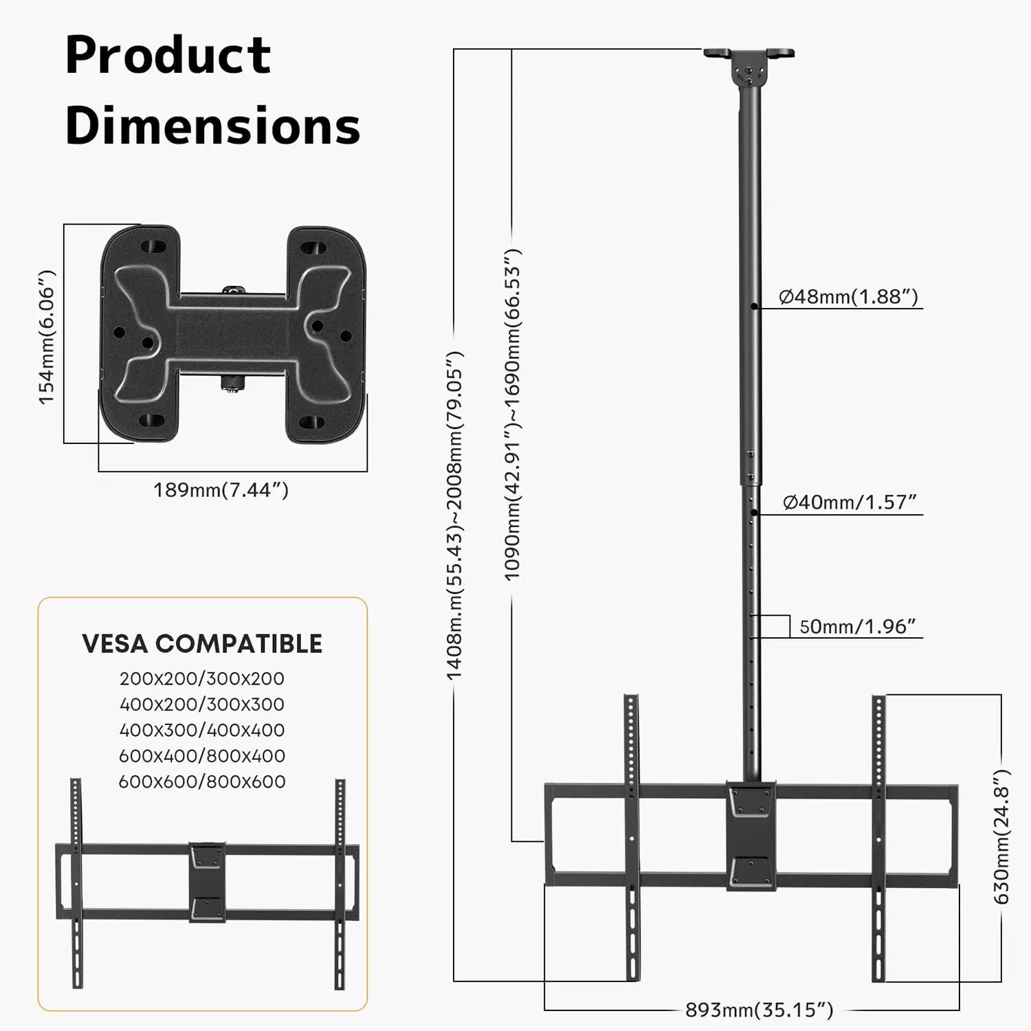 PUTORSEN Ceiling TV Mount – Adjustable Hanging Ceiling TV Bracket Fits Max 100 inch LCD LED OLED 4K TVs,Pole Ceiling Mount Supports up to 176lbs PUTORSEN