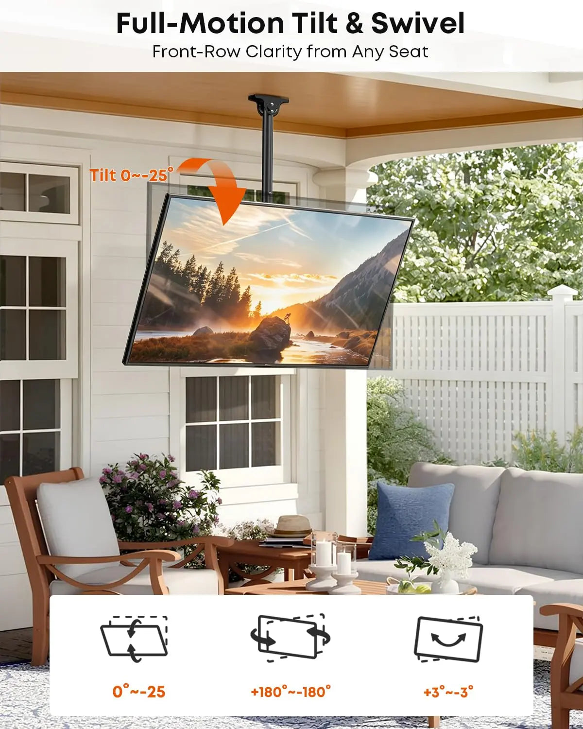 PUTORSEN Ceiling TV Mount for 26–65-Inch TVs, Adjustable Full-Motion Bracket, Max VESA 400x400mm, Black PUTORSEN