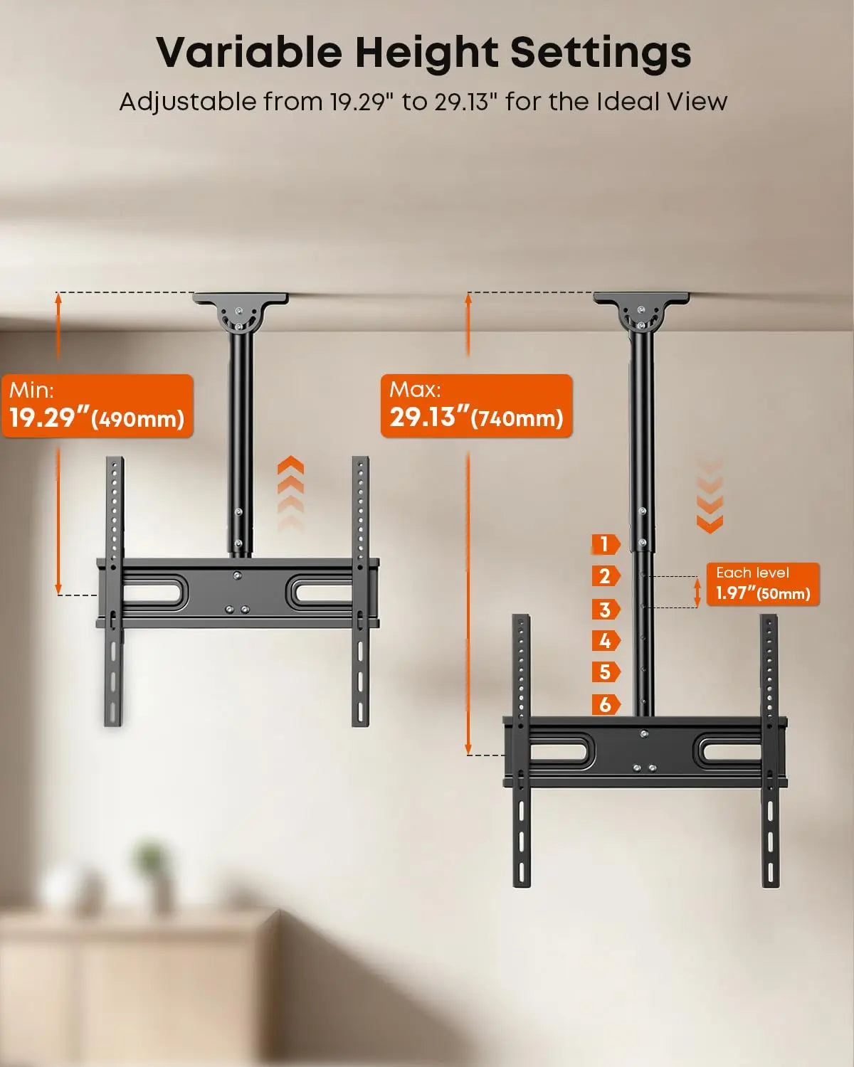 PUTORSEN Ceiling TV Mount for 26–65-Inch TVs, Adjustable Full-Motion Bracket, Max VESA 400x400mm, Black PUTORSEN