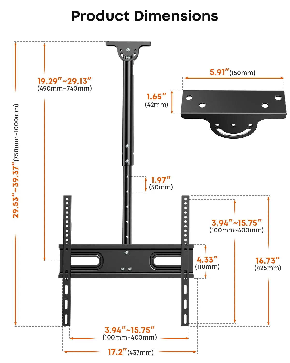 PUTORSEN Ceiling TV Mount for 26–65-Inch TVs, Adjustable Full-Motion Bracket, Max VESA 400x400mm, Black PUTORSEN