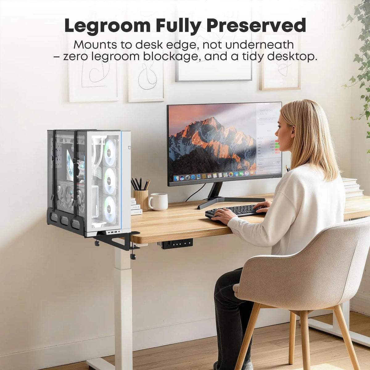 PUTORSEN Clamp-On PC Desk Mount, Heavy-Duty Design Supports Up to 66 lbs, Adjustable Width Desk Extender, Space Saving, Comes with 2 Security Straps and Wall Mount Support PUTORSEN