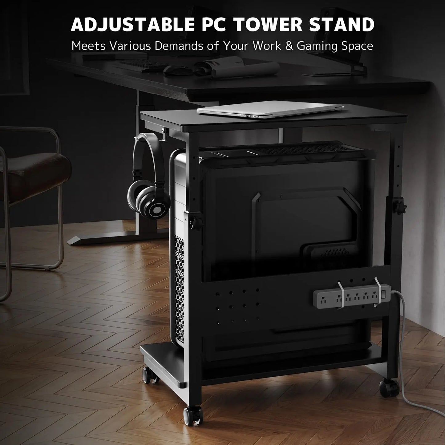 PUTORSEN Computer Tower Stand Cart - 2-Tier CPU Cart with 4 Casters, Rolling Holder with Pegboard & 2 Hooks, Height Adjustable from 19 1/8" to 31 11/16" PUTORSEN