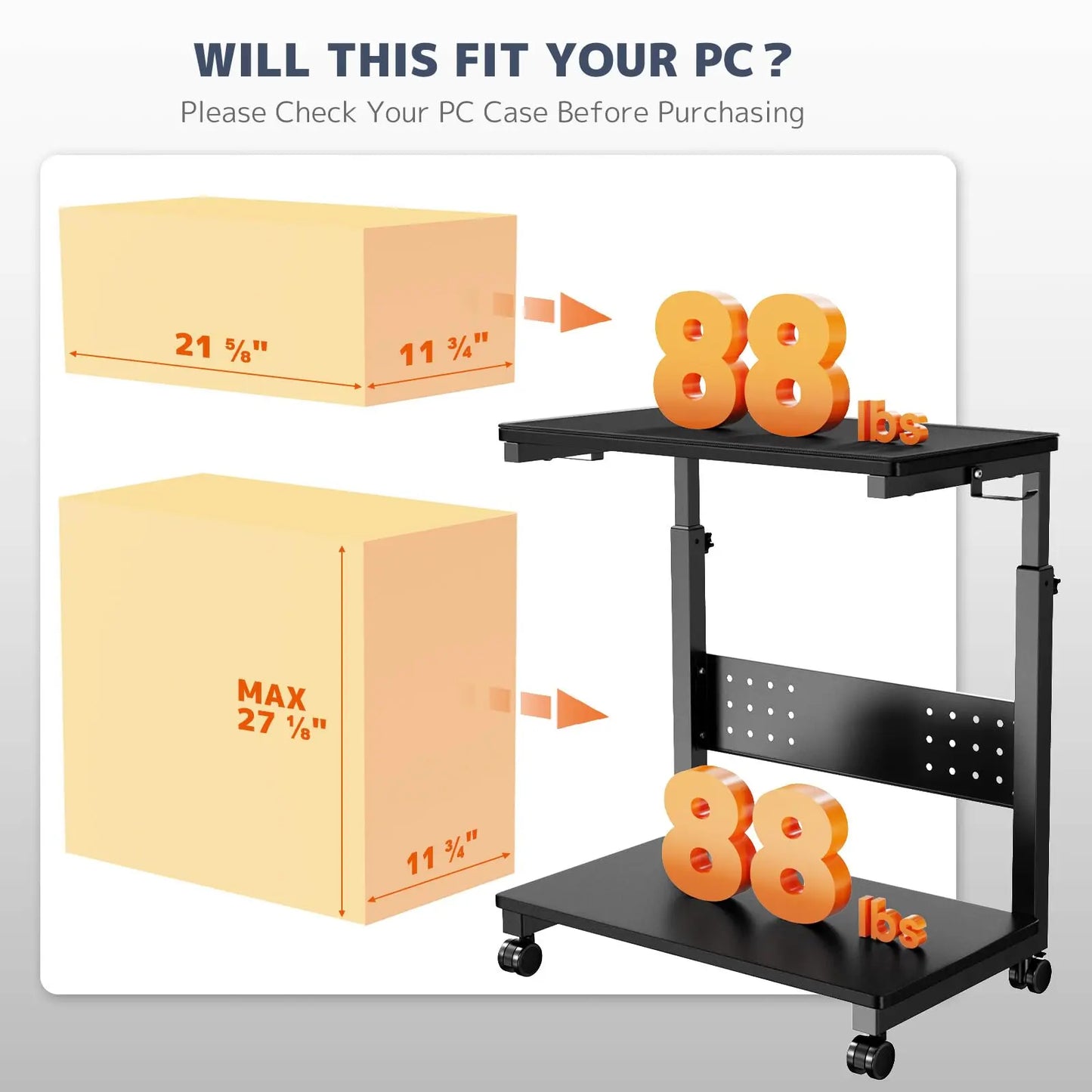 PUTORSEN Computer Tower Stand Cart - 2-Tier CPU Cart with 4 Casters, Rolling Holder with Pegboard & 2 Hooks, Height Adjustable from 19 1/8" to 31 11/16" PUTORSEN