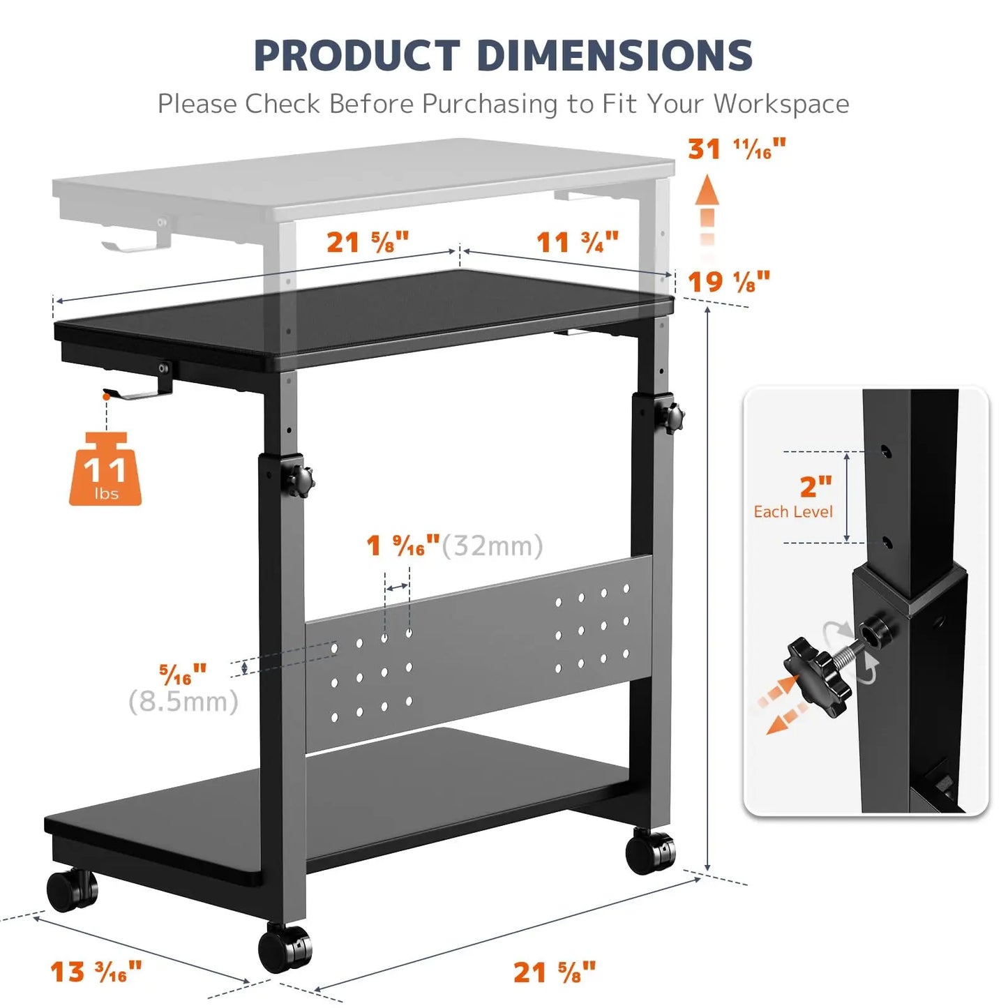 PUTORSEN Computer Tower Stand Cart - 2-Tier CPU Cart with 4 Casters, Rolling Holder with Pegboard & 2 Hooks, Height Adjustable from 19 1/8" to 31 11/16" PUTORSEN