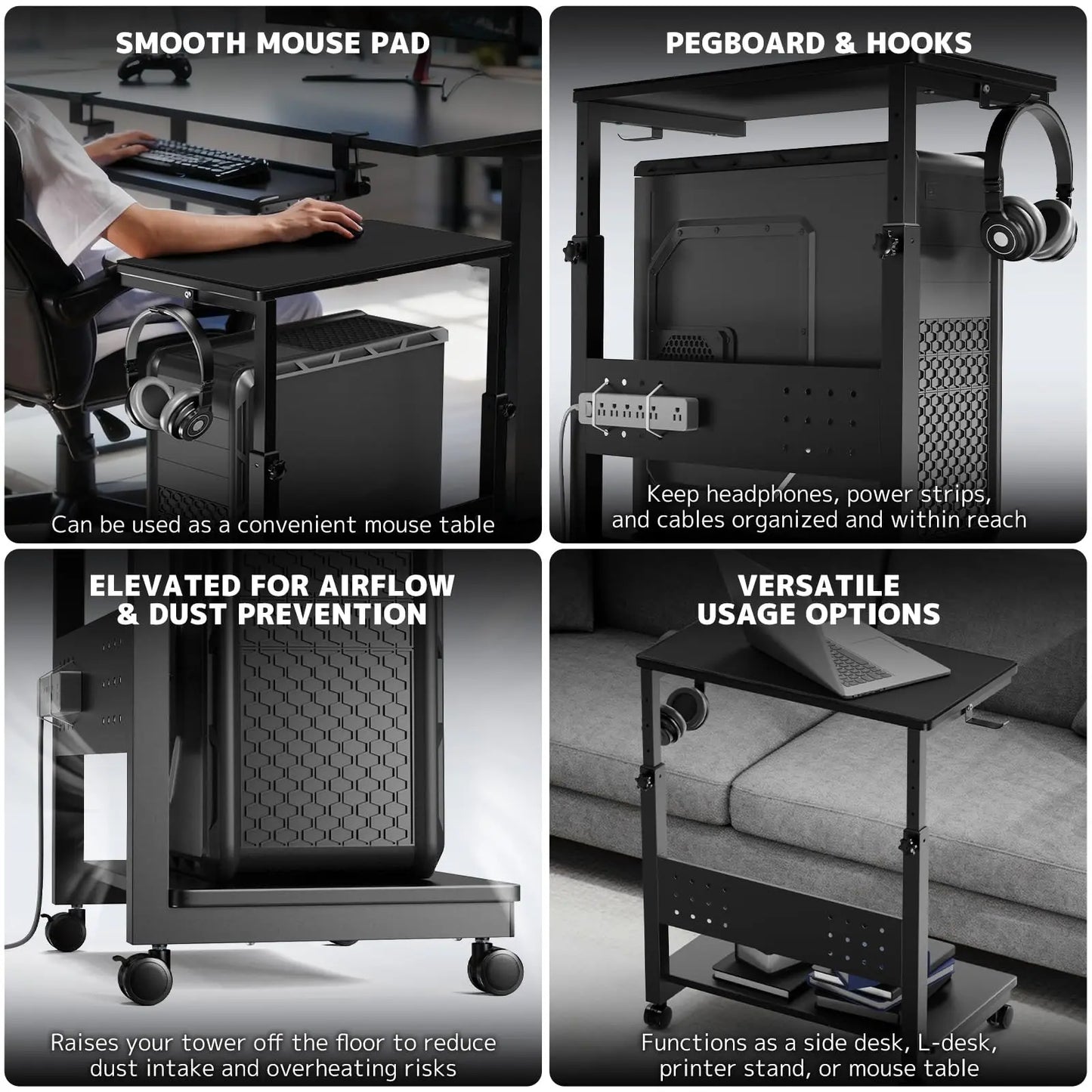 PUTORSEN Computer Tower Stand Cart - 2-Tier CPU Cart with 4 Casters, Rolling Holder with Pegboard & 2 Hooks, Height Adjustable from 19 1/8" to 31 11/16" PUTORSEN