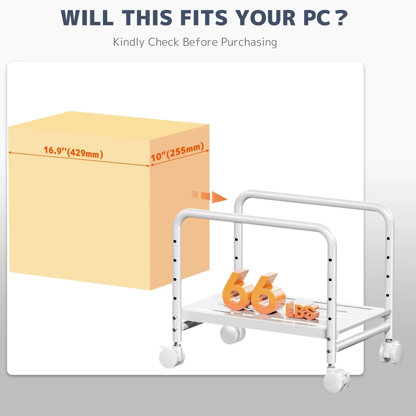 PUTORSEN Computer Tower Stand Under Desk - Rolling CPU Holder with 360° Locking Wheels, Max Load 66 lbs, White PUTORSEN