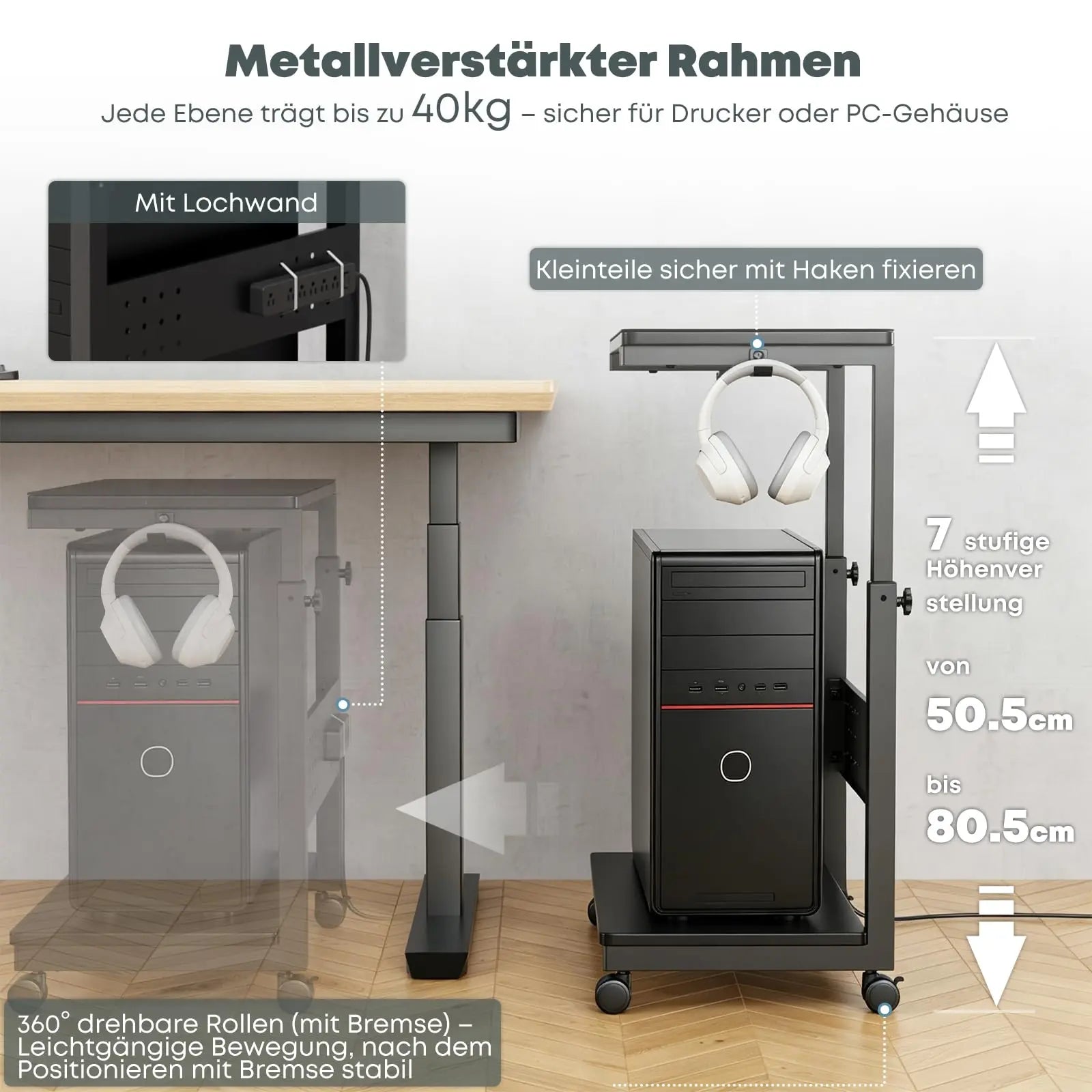 PUTORSEN Computer Tower Ständer mit Rollen - Höhenverstellbar von 50.5 cm bis 80.5 cm, 2 stöckiger PC Ständer mit Rollen und Maus Pad, Max. Belastung pro Ebene 40 kg, Schwarz PUTORSEN