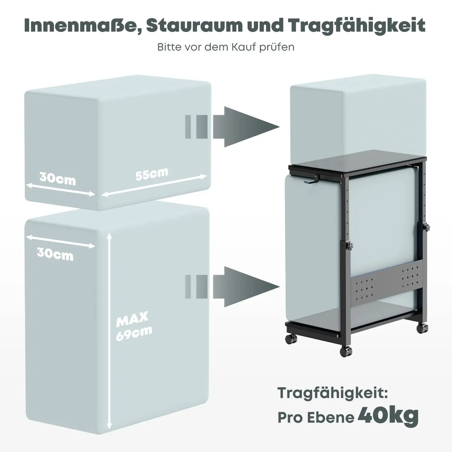 PUTORSEN Computer Tower Ständer mit Rollen - Höhenverstellbar von 50.5 cm bis 80.5 cm, 2 stöckiger PC Ständer mit Rollen und Maus Pad, Max. Belastung pro Ebene 40 kg, Schwarz PUTORSEN