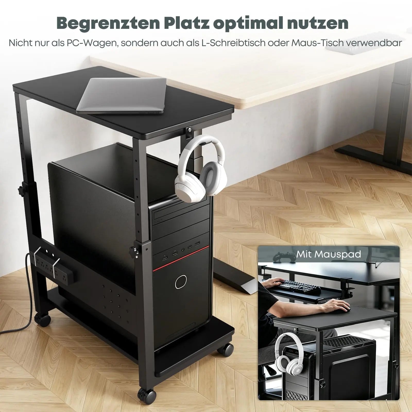 PUTORSEN Computer Tower Ständer mit Rollen - Höhenverstellbar von 50.5 cm bis 80.5 cm, 2 stöckiger PC Ständer mit Rollen und Maus Pad, Max. Belastung pro Ebene 40 kg, Schwarz PUTORSEN