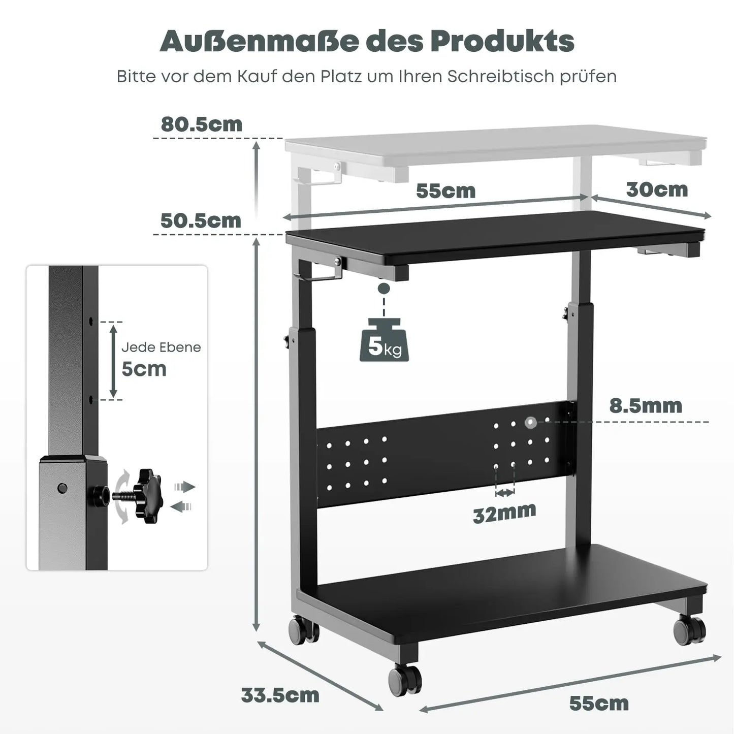 PUTORSEN Computer Tower Ständer mit Rollen - Höhenverstellbar von 50.5 cm bis 80.5 cm, 2 stöckiger PC Ständer mit Rollen und Maus Pad, Max. Belastung pro Ebene 40 kg, Schwarz PUTORSEN