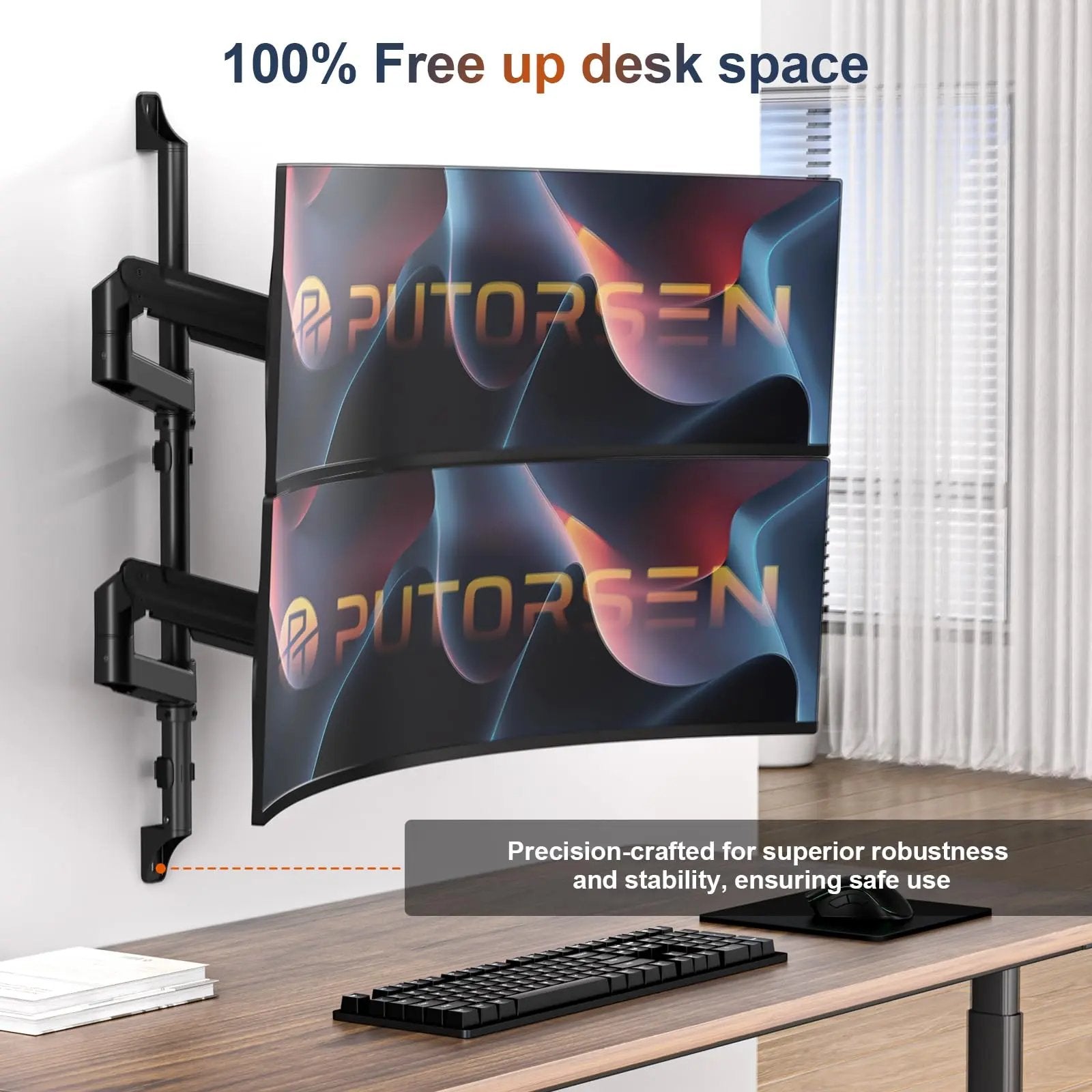 PUTORSEN Dual Arm Heavy-Duty Wall Monitor Mount for 17-49" Screens,Holds 2 Ultrawides Up to 44 lbs per Arm,VESA 75/100 Compatible PUTORSEN
