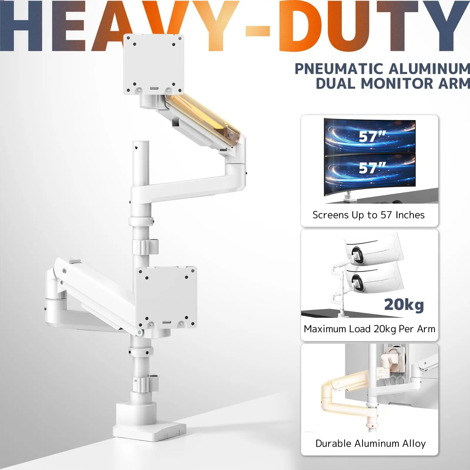 PUTORSEN Dual Monitor-Arm Heavy-Duty for 17-57-Inch Screens - Ultrawide Vertical Dual Monitor Mount, Fully Adjustable Stacked Double Monitor Desk Mount Stand, Max Load 44 lbs per Screen, VESA 75/100 mm, White PUTORSEN