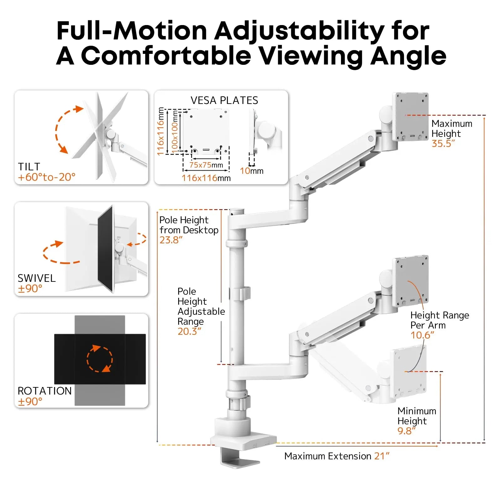 PUTORSEN Dual Monitor-Arm Heavy-Duty for 17-57-Inch Screens - Ultrawide Vertical Dual Monitor Mount, Fully Adjustable Stacked Double Monitor Desk Mount Stand, Max Load 44 lbs per Screen, VESA 75/100 mm, White PUTORSEN