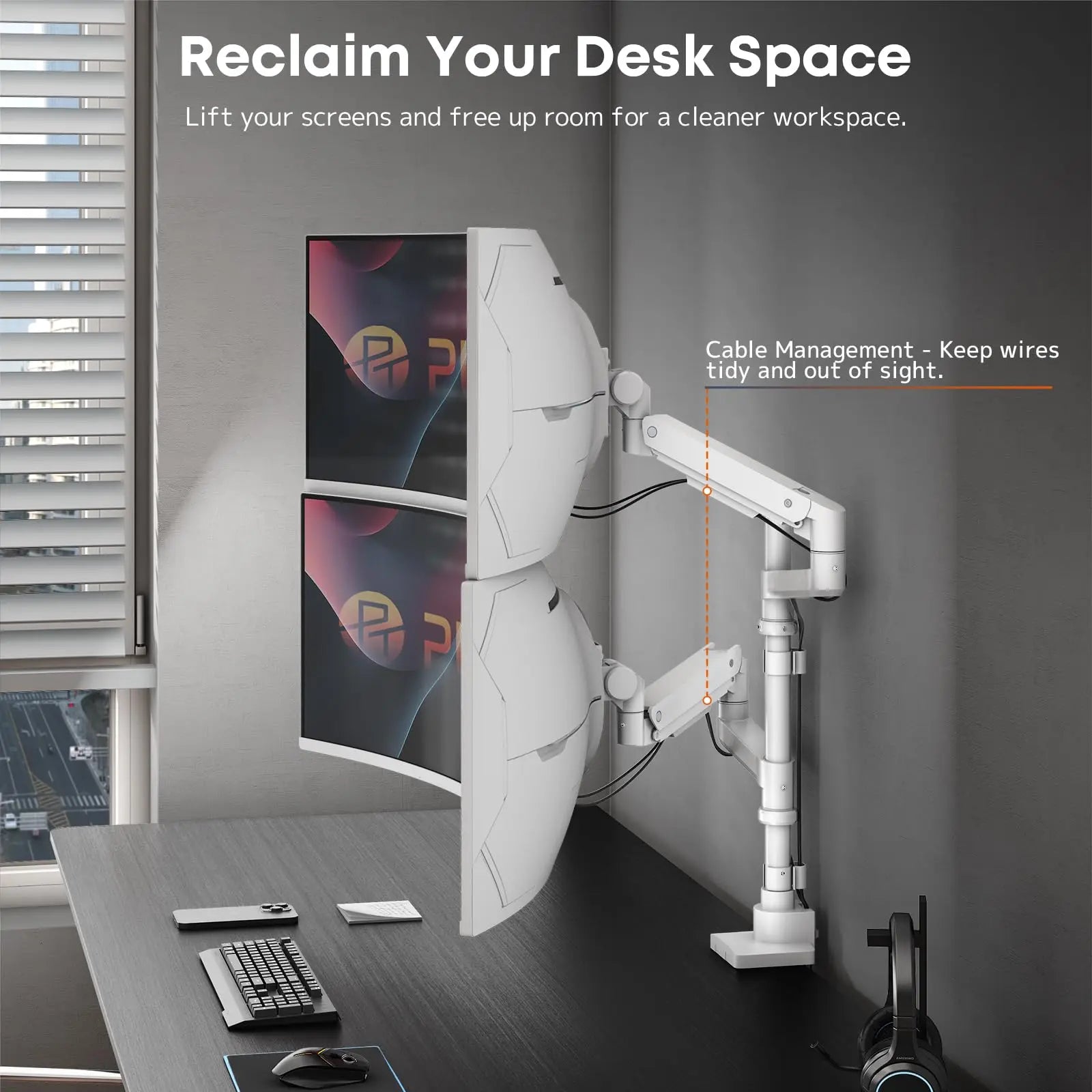 PUTORSEN Dual Monitor-Arm Heavy-Duty for 17-57-Inch Screens - Ultrawide Vertical Dual Monitor Mount, Fully Adjustable Stacked Double Monitor Desk Mount Stand, Max Load 44 lbs per Screen, VESA 75/100 mm, White PUTORSEN