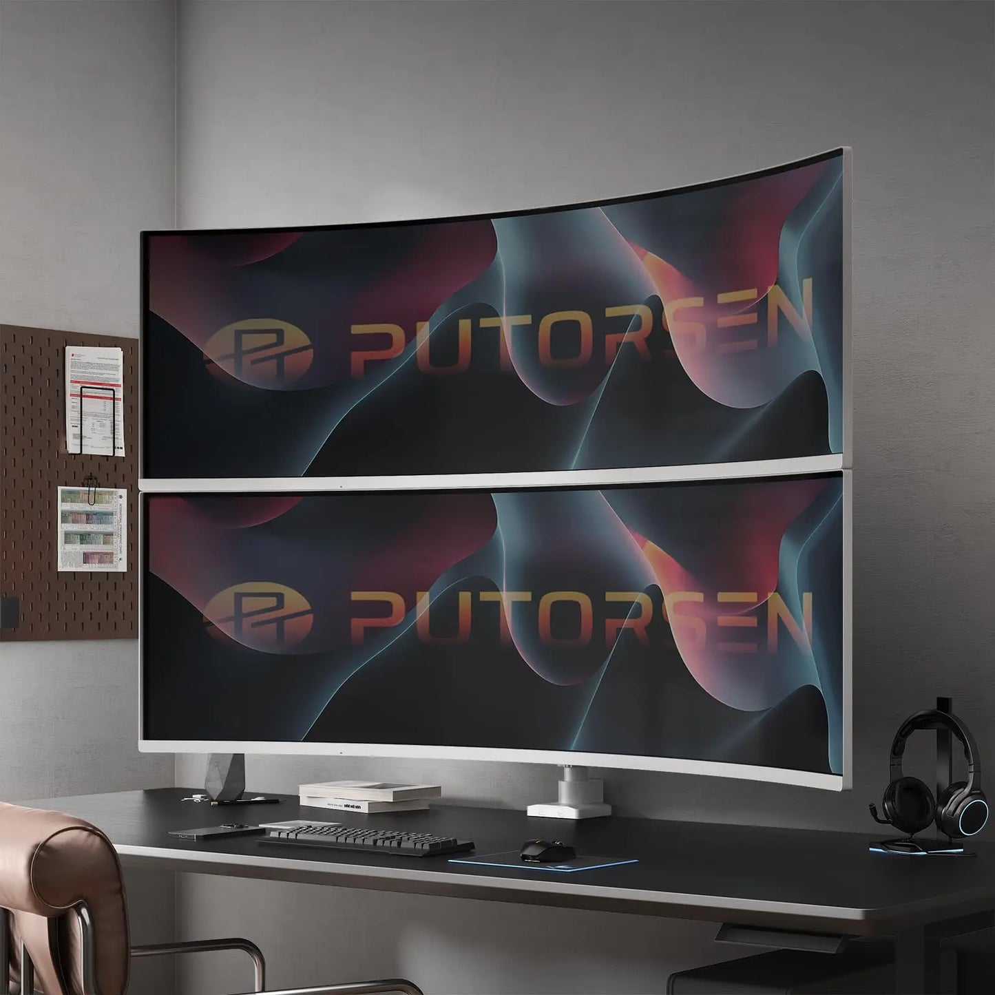 PUTORSEN Dual Monitor-Arm Heavy-Duty for 17-57-Inch Screens - Ultrawide Vertical Dual Monitor Mount, Fully Adjustable Stacked Double Monitor Desk Mount Stand, Max Load 44 lbs per Screen, VESA 75/100 mm, White PUTORSEN