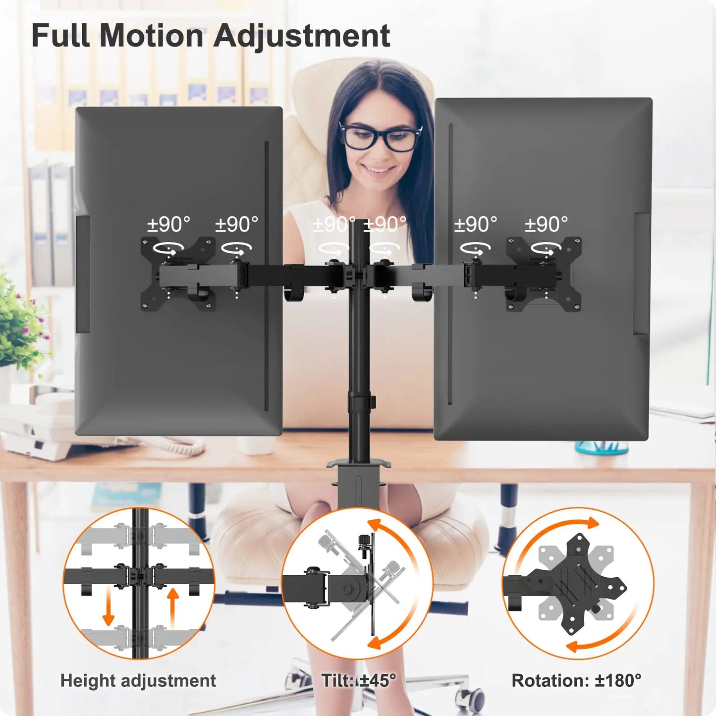 PUTORSEN Dual Monitor Mount for 2 Monitors, for 13-32 Inch Flat & Curved Screens, Height-Adjustable Dual Monitor Stand, Tiltable and Swivelable Dual Monitor Arms PUTORSEN
