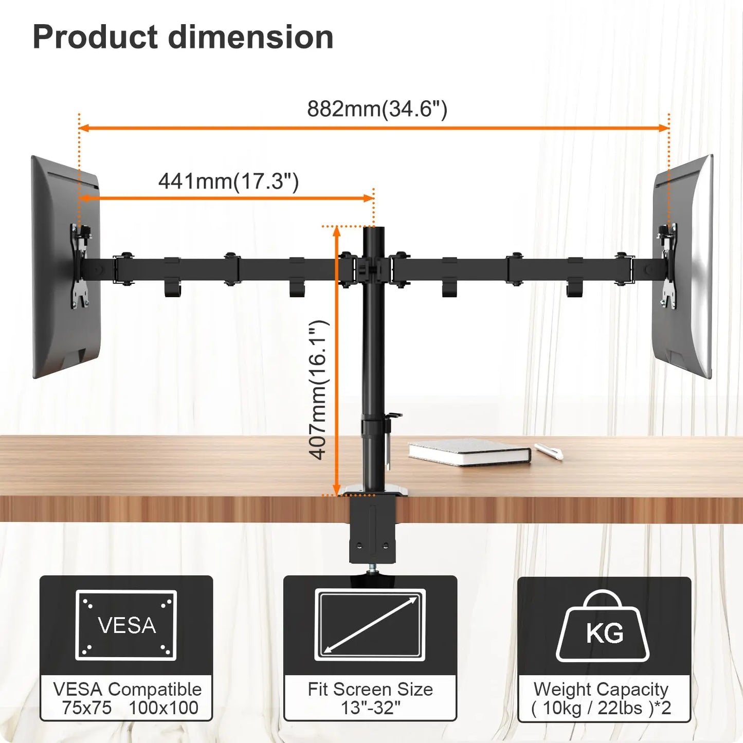 PUTORSEN Dual Monitor Mount for 2 Monitors, for 13-32 Inch Flat & Curved Screens, Height-Adjustable Dual Monitor Stand, Tiltable and Swivelable Dual Monitor Arms PUTORSEN