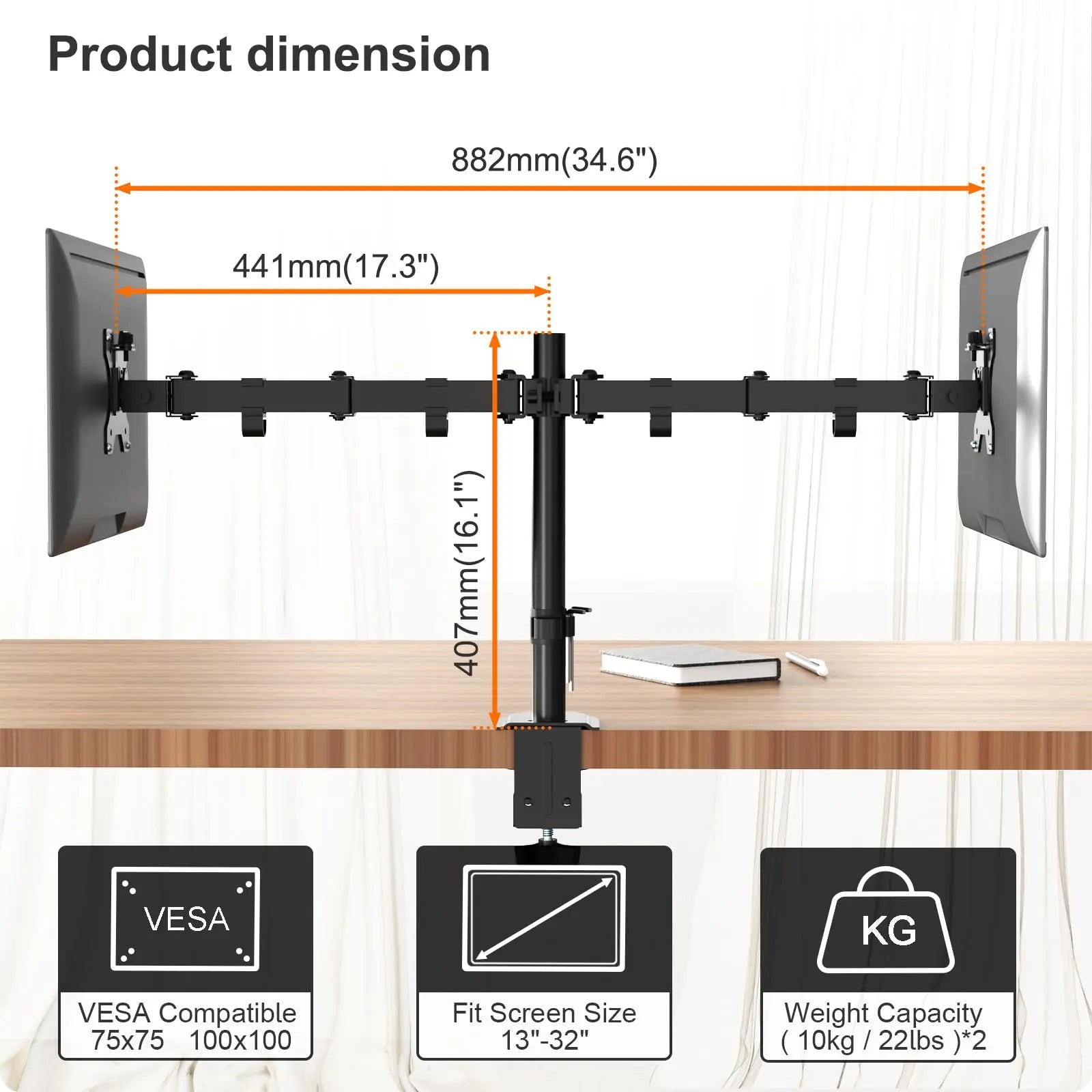PUTORSEN Dual Monitor Mount for 2 Monitors, for 13-32 Inch Flat & Curved Screens, Height-Adjustable Dual Monitor Stand, Tiltable and Swivelable Dual Monitor Arms PUTORSEN