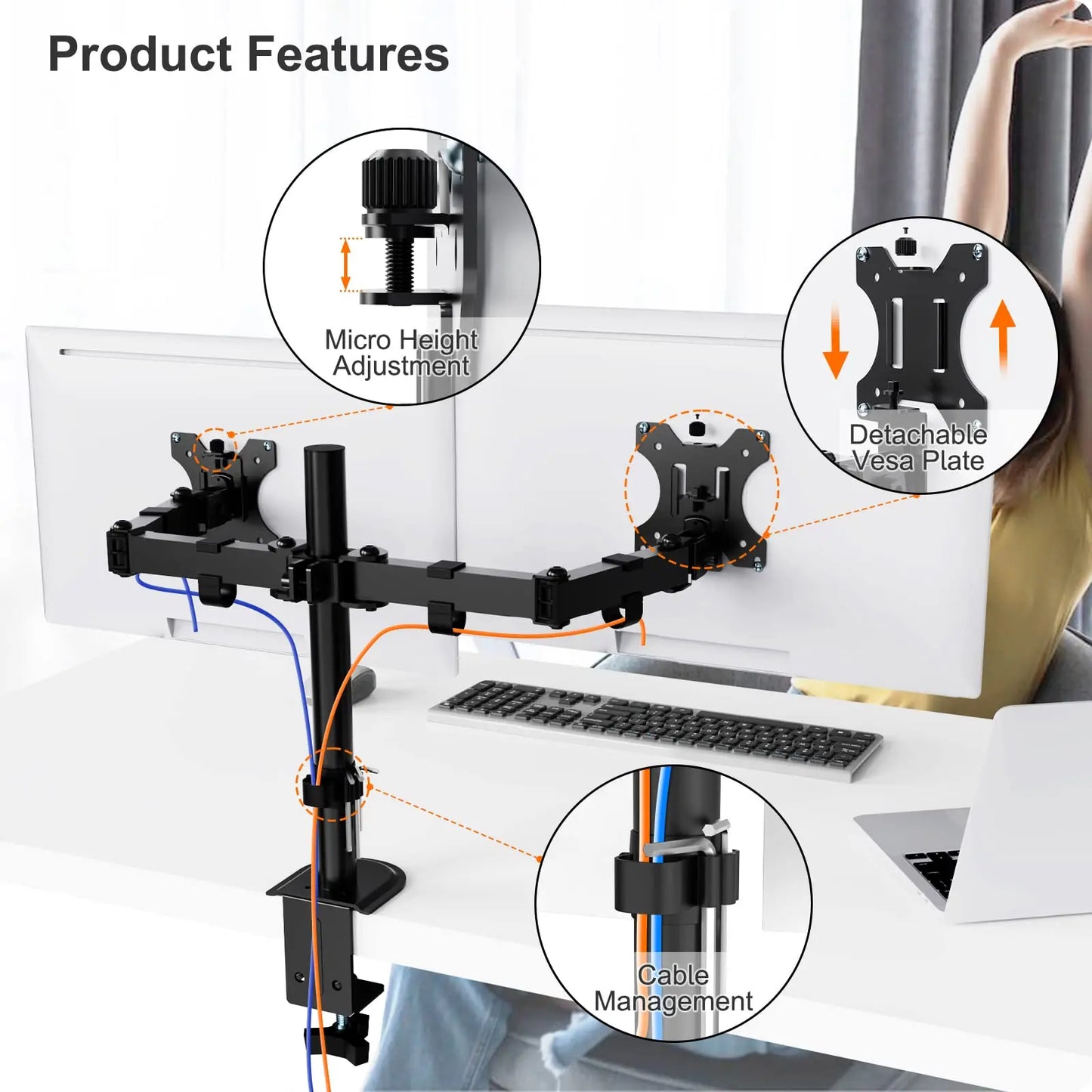PUTORSEN Dual Monitor Mount for 2 Monitors, for 13-32 Inch Flat & Curved Screens, Height-Adjustable Dual Monitor Stand, Tiltable and Swivelable Dual Monitor Arms PUTORSEN