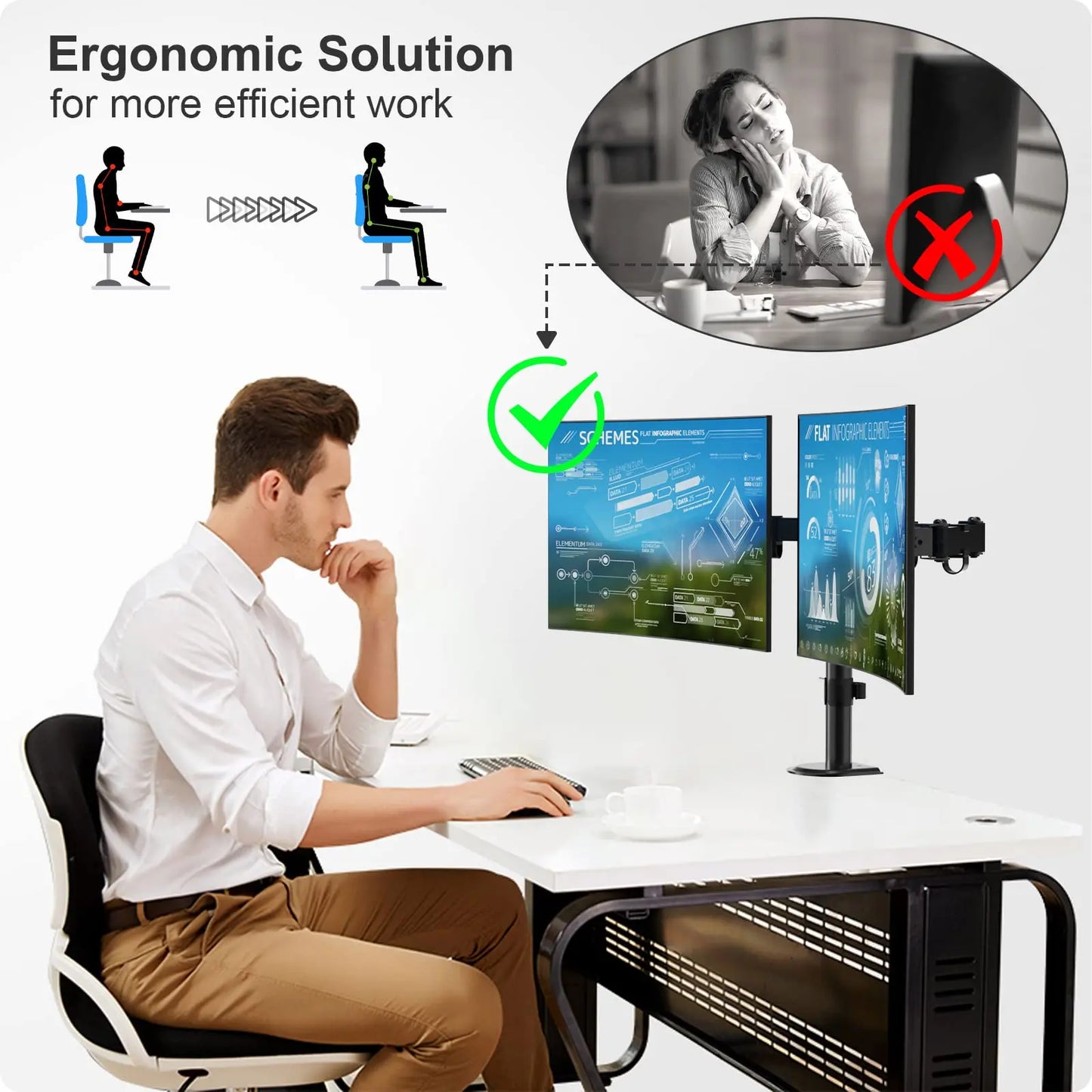 PUTORSEN Dual Monitor Mount for 2 Monitors, for 13-32 Inch Flat & Curved Screens, Height-Adjustable Dual Monitor Stand, Tiltable and Swivelable Dual Monitor Arms PUTORSEN