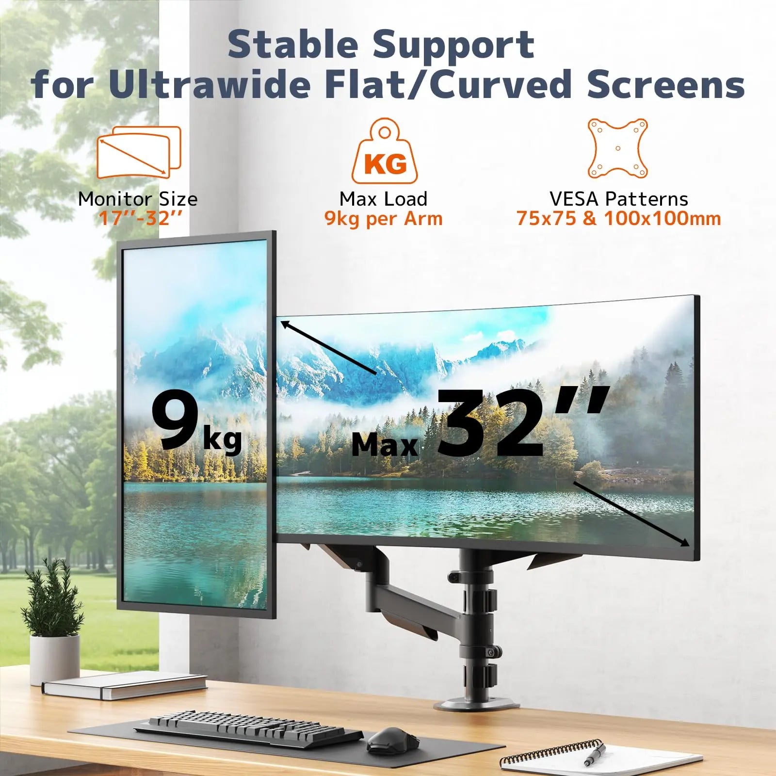 PUTORSEN Dual Monitor Stand for 17-32 Inch Screens,Holds up to 19.8lbs, Full Motion Adjustable Tilt Swivel Rotation, Space-Saving Desk Mount with C-Clamp & Grommet PUTORSEN