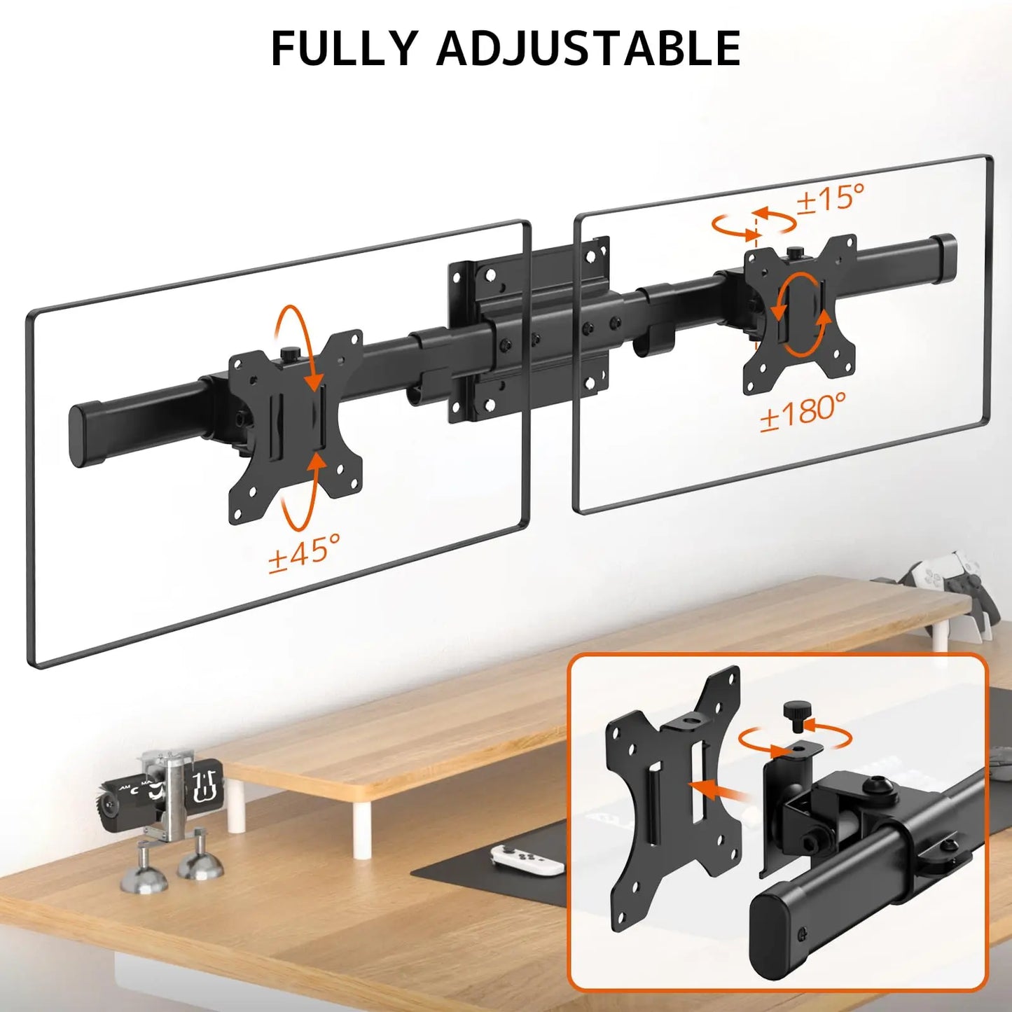 PUTORSEN Dual Monitor Wall Mount, Horizontal Assembly Mount for 2 Monitor Screens up to 35 inches, Max. 10kg per Arm, VESA 75x75/100x100mm PUTORSEN