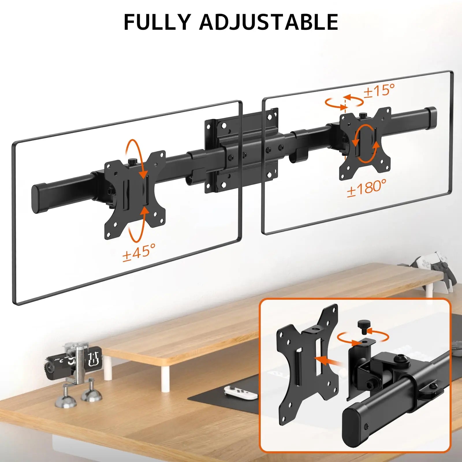 PUTORSEN Dual Monitor Wall Mount, Horizontal Assembly Mount for 2 Monitor Screens up to 35 inches, Max. 10kg per Arm, VESA 75x75/100x100mm PUTORSEN