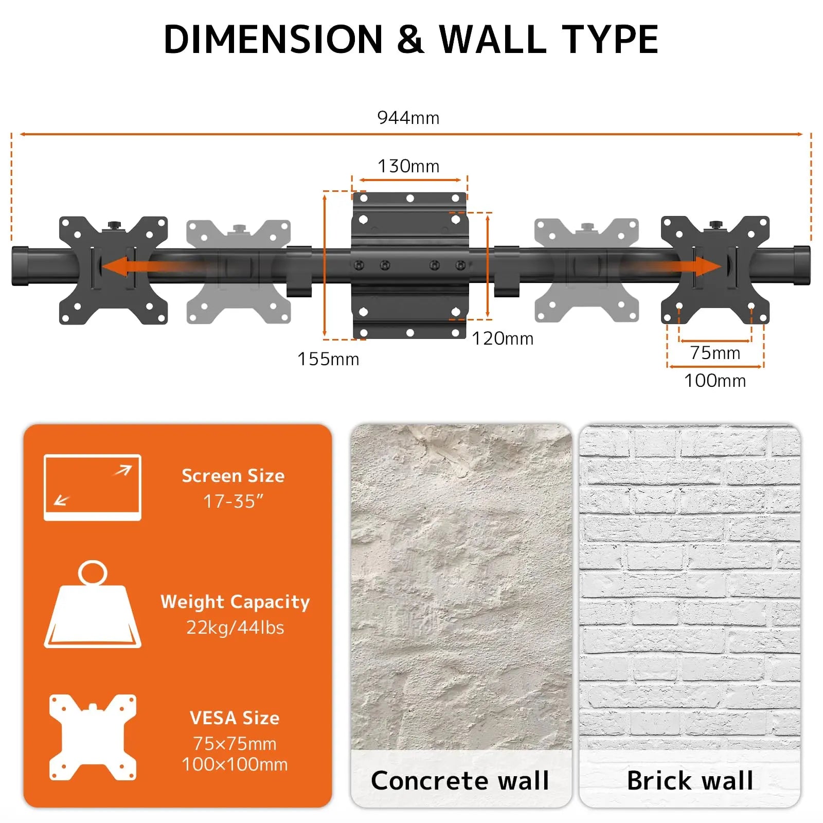 PUTORSEN Dual Monitor Wall Mount, Horizontal Assembly Mount for 2 Monitor Screens up to 35 inches, Max. 10kg per Arm, VESA 75x75/100x100mm PUTORSEN