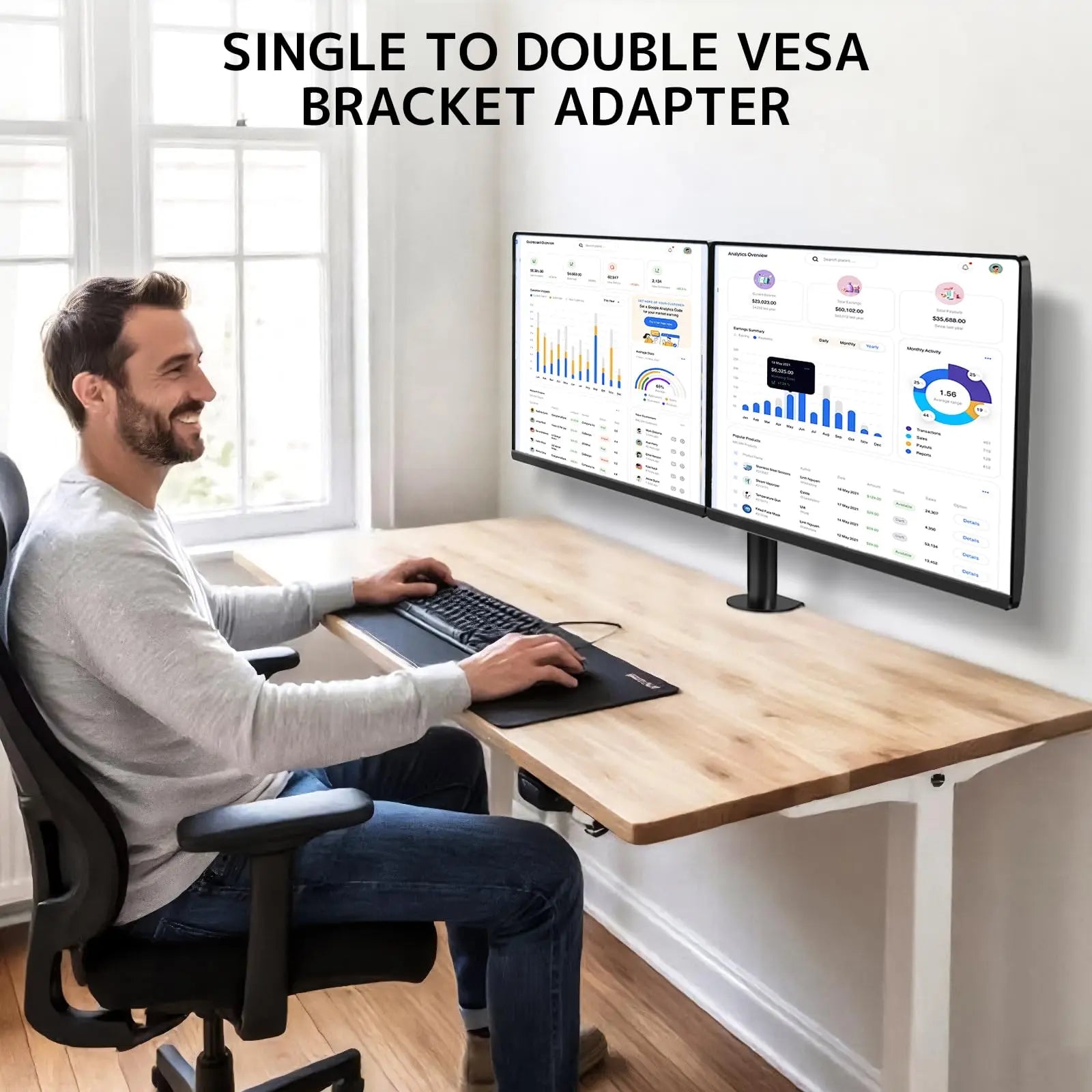 PUTORSEN Dual Monitor Wall Mount, Horizontal Assembly Mount for 2 Monitor Screens up to 35 inches, Max. 10kg per Arm, VESA 75x75/100x100mm PUTORSEN