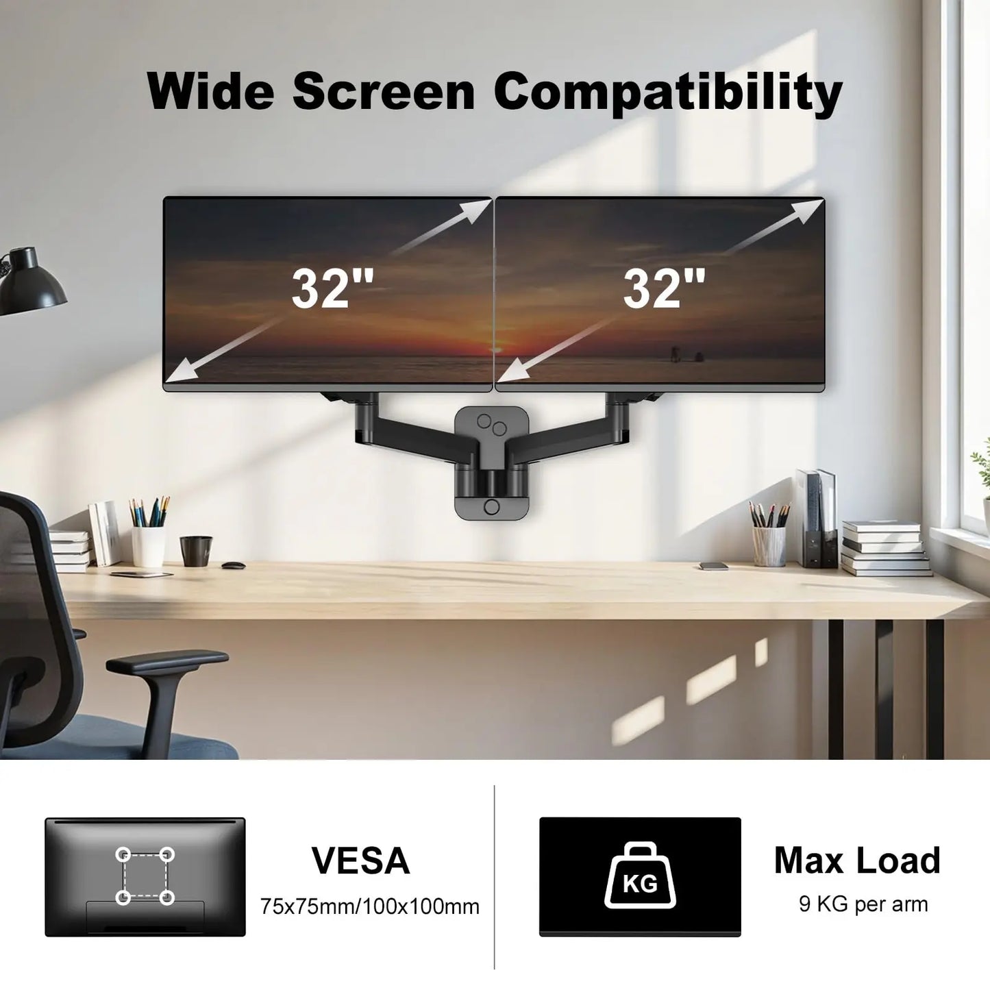 PUTORSEN Dual Monitor Wandhalterung für 17–32 Zoll, 9kg pro Arm, VESA 75/100, Neigbar, Schwenkbar, Drehbar, Ergonomische Wandhalterung für Büro PUTORSEN