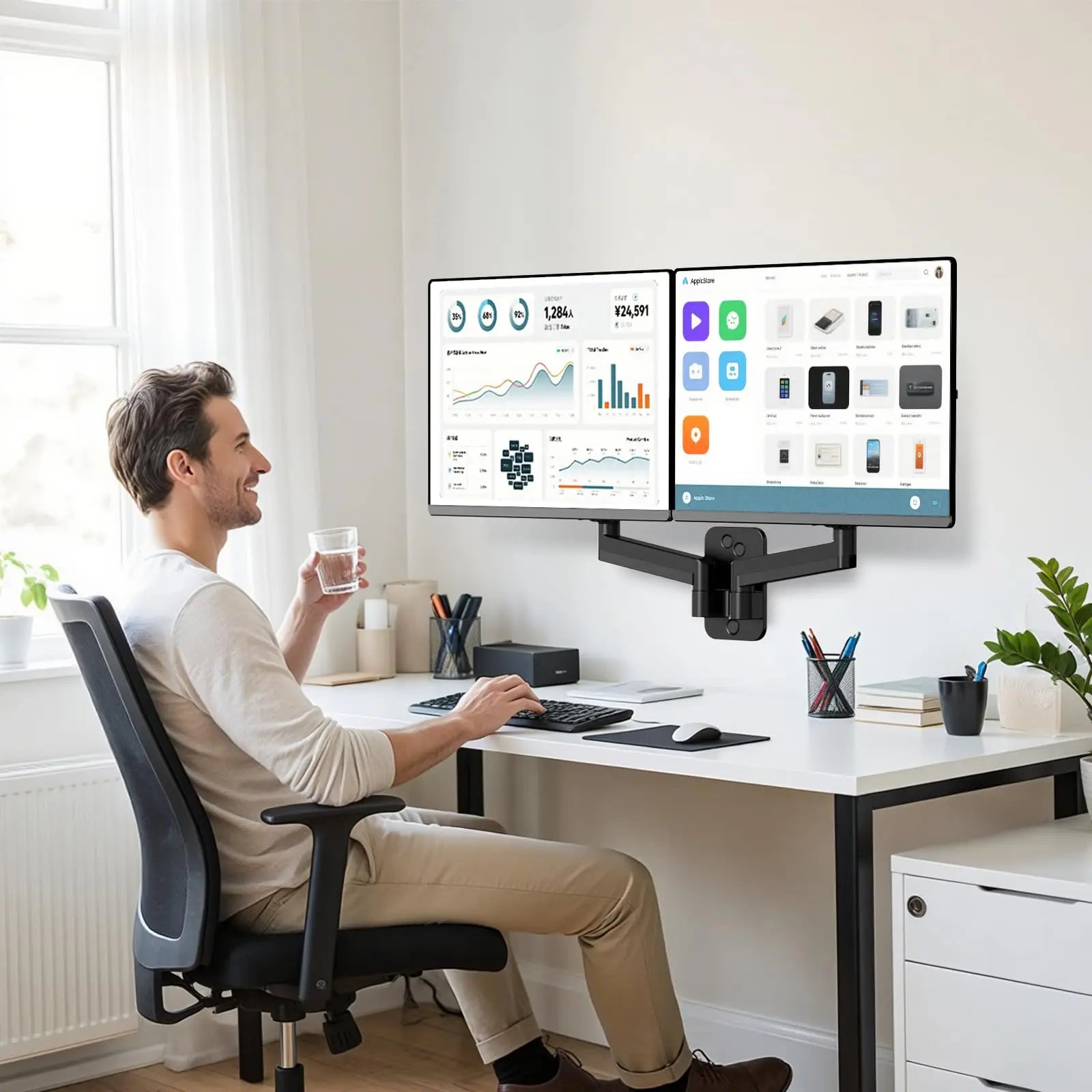 PUTORSEN Dual Monitor Wandhalterung für 17–32 Zoll, 9kg pro Arm, VESA 75/100, Neigbar, Schwenkbar, Drehbar, Ergonomische Wandhalterung für Büro PUTORSEN
