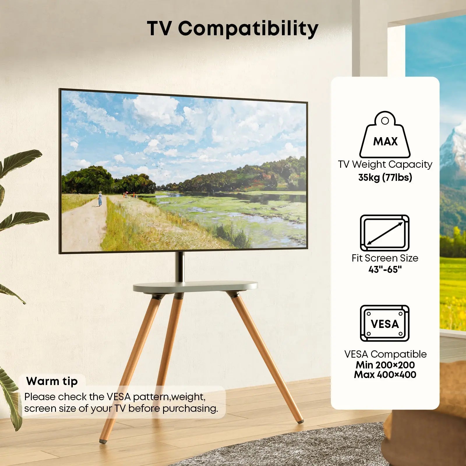 PUTORSEN Easel TV-Stand for 43-65-Inch Screens - Portable Swivel Tripod TV Stand with Wooden Tray, Height Adjustable TV Floor Stand, Max VESA 400x400 mm, Black PUTORSEN