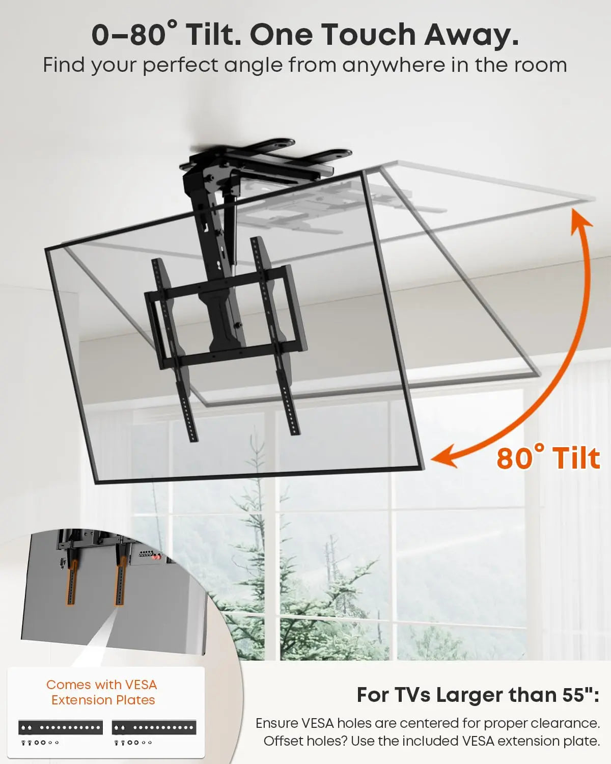 PUTORSEN Electric TV Ceiling Mount for 37-75 Inch TV Mount Ceiling Electric Foldable, Load up to 45 kg, with VESA Adapter Extension Plates, Black PUTORSEN