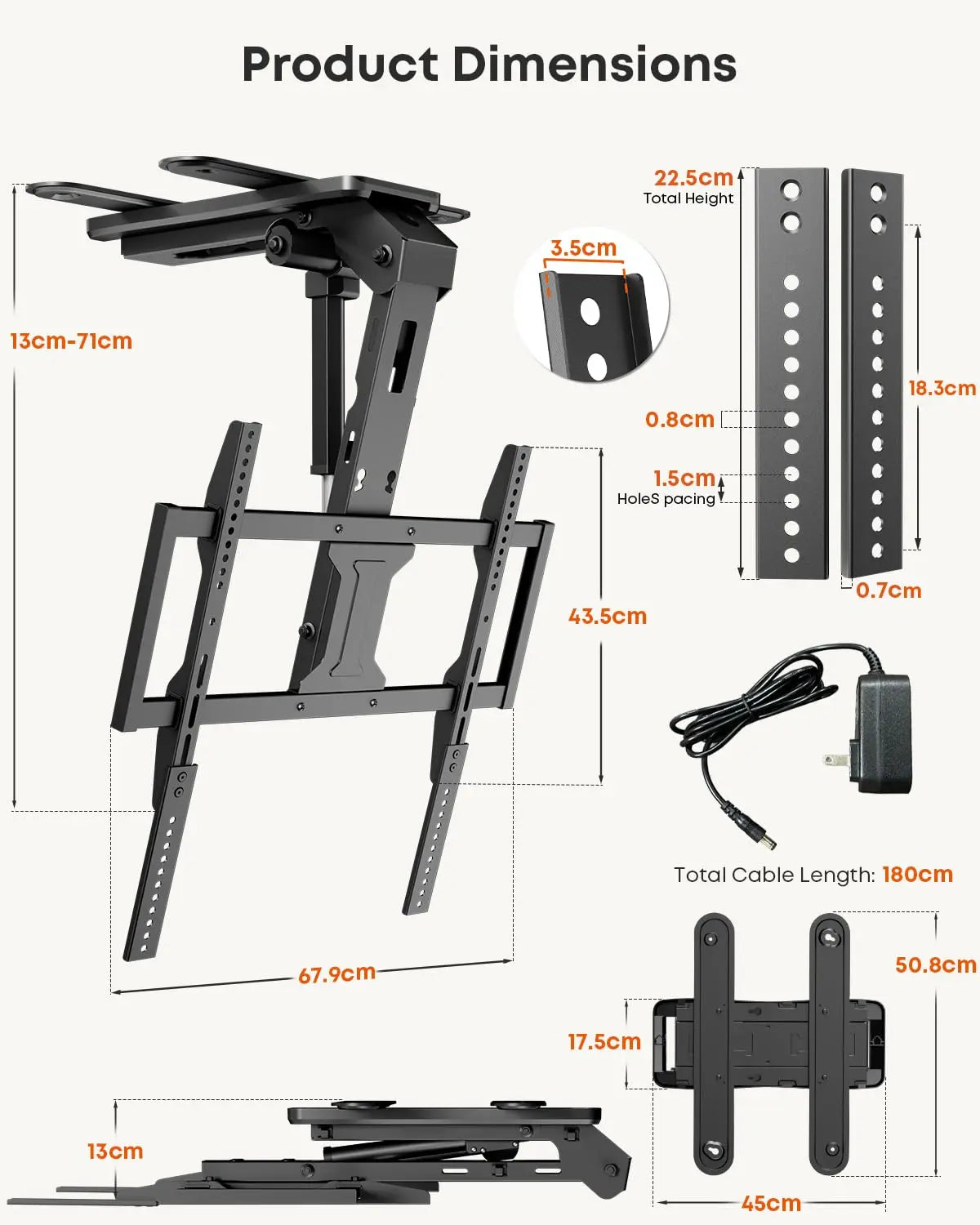 PUTORSEN Electric TV Ceiling Mount for 37-75 Inch TV Mount Ceiling Electric Foldable, Load up to 45 kg, with VESA Adapter Extension Plates, Black PUTORSEN