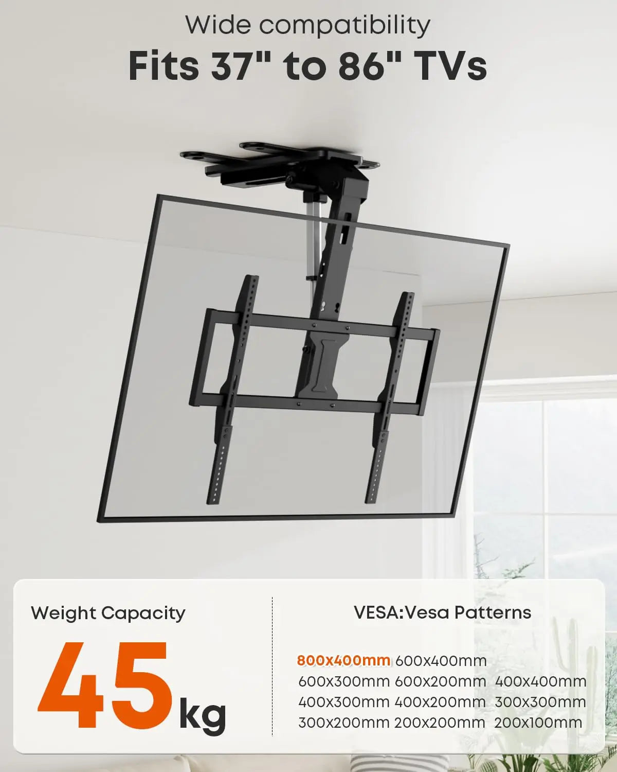 PUTORSEN Electric TV Ceiling Mount for 43-86 Inch TV Mount Ceiling Electric Foldable, Tiltable, with Remote Control, Load up to 45 kg, Black PUTORSEN
