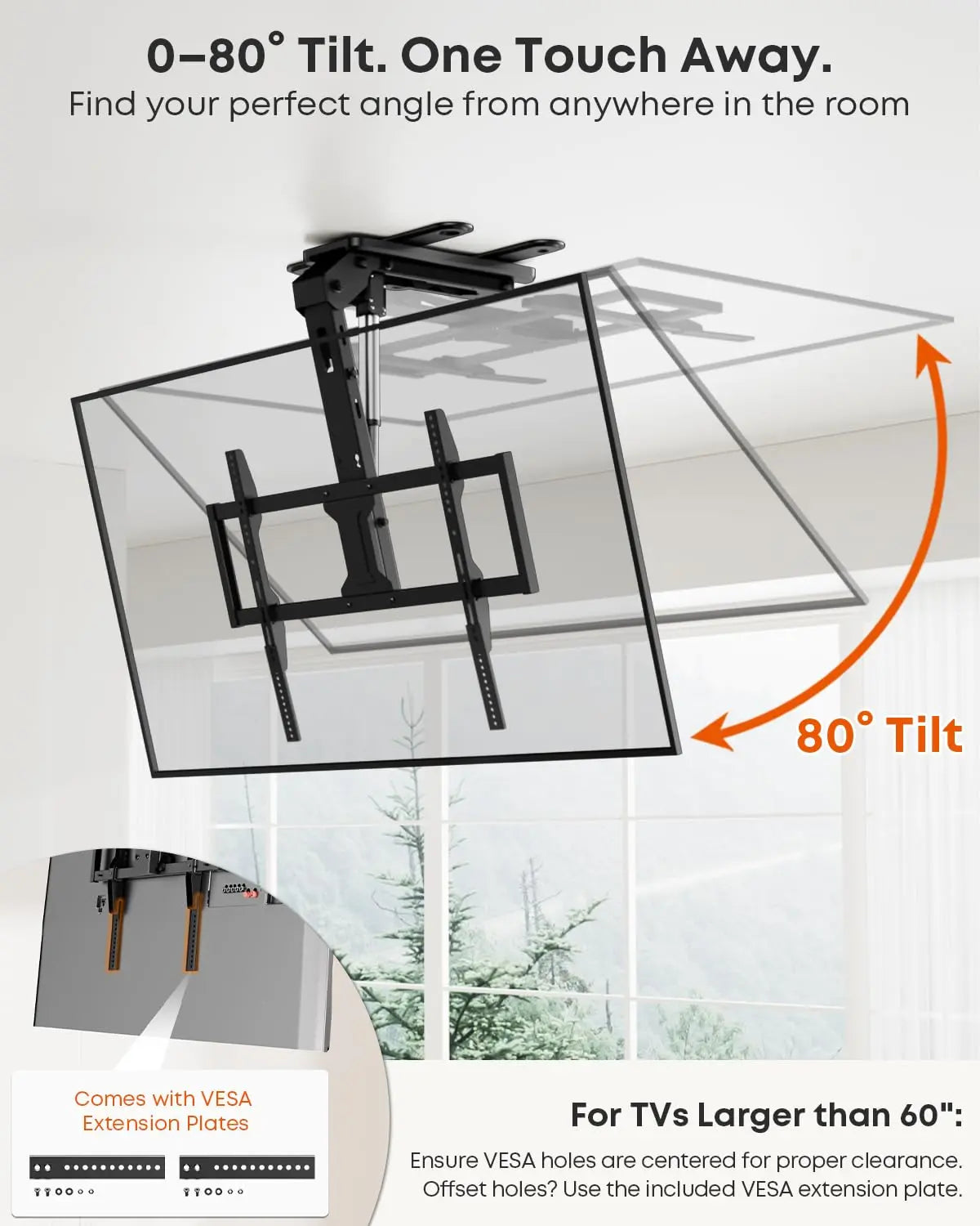 PUTORSEN Electric TV Ceiling Mount for 43-86 Inch TV Mount Ceiling Electric Foldable, Tiltable, with Remote Control, Load up to 45 kg, Black PUTORSEN
