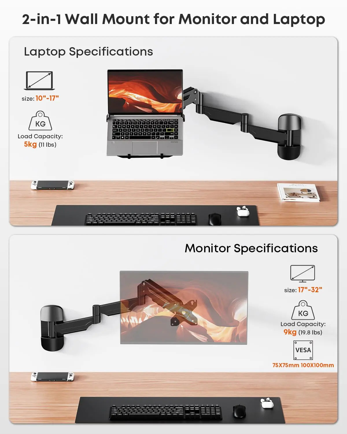 PUTORSEN Extra Long 2-in-1 Laptop Wall Mount with Detachable Tray - 30.28'' Long Gas Spring Adjustable Arm for 12''-17'' Laptops & 13''-32'' Monitors, Black PUTORSEN