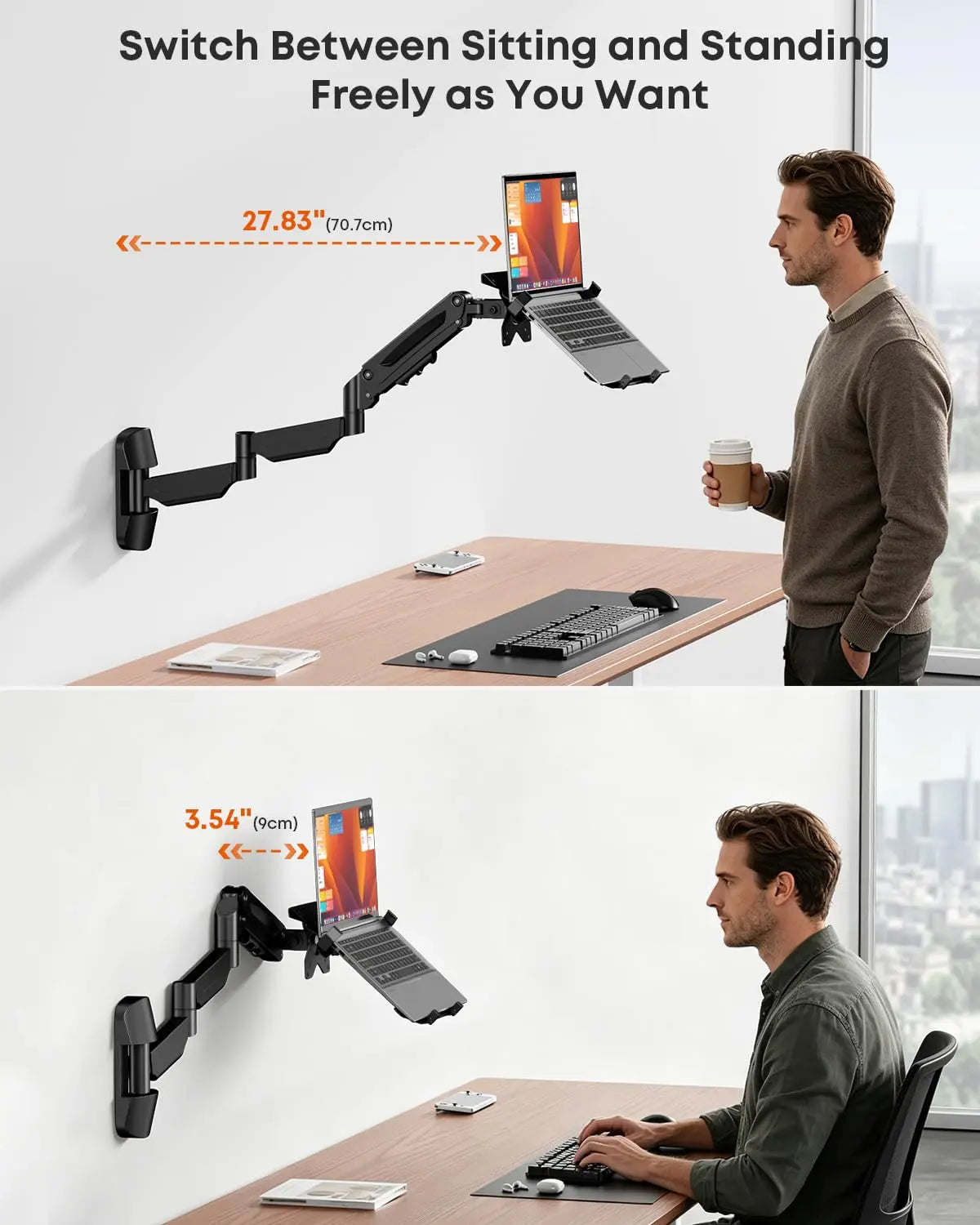 PUTORSEN Extra Long 2-in-1 Laptop Wall Mount with Detachable Tray - 30.28'' Long Gas Spring Adjustable Arm for 12''-17'' Laptops & 13''-32'' Monitors, Black PUTORSEN