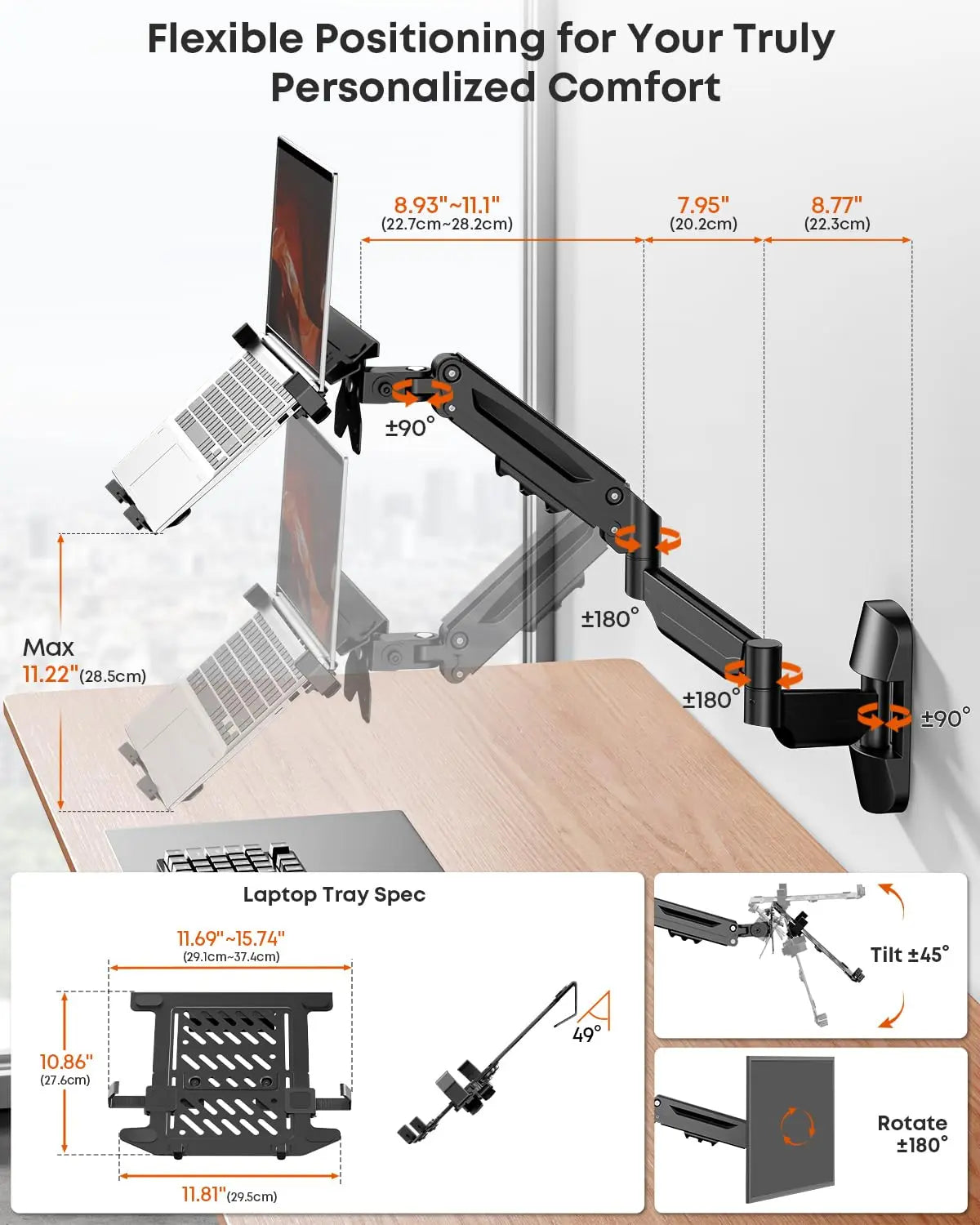 PUTORSEN Extra Long 2-in-1 Laptop Wall Mount with Detachable Tray - 30.28'' Long Gas Spring Adjustable Arm for 12''-17'' Laptops & 13''-32'' Monitors, Black PUTORSEN