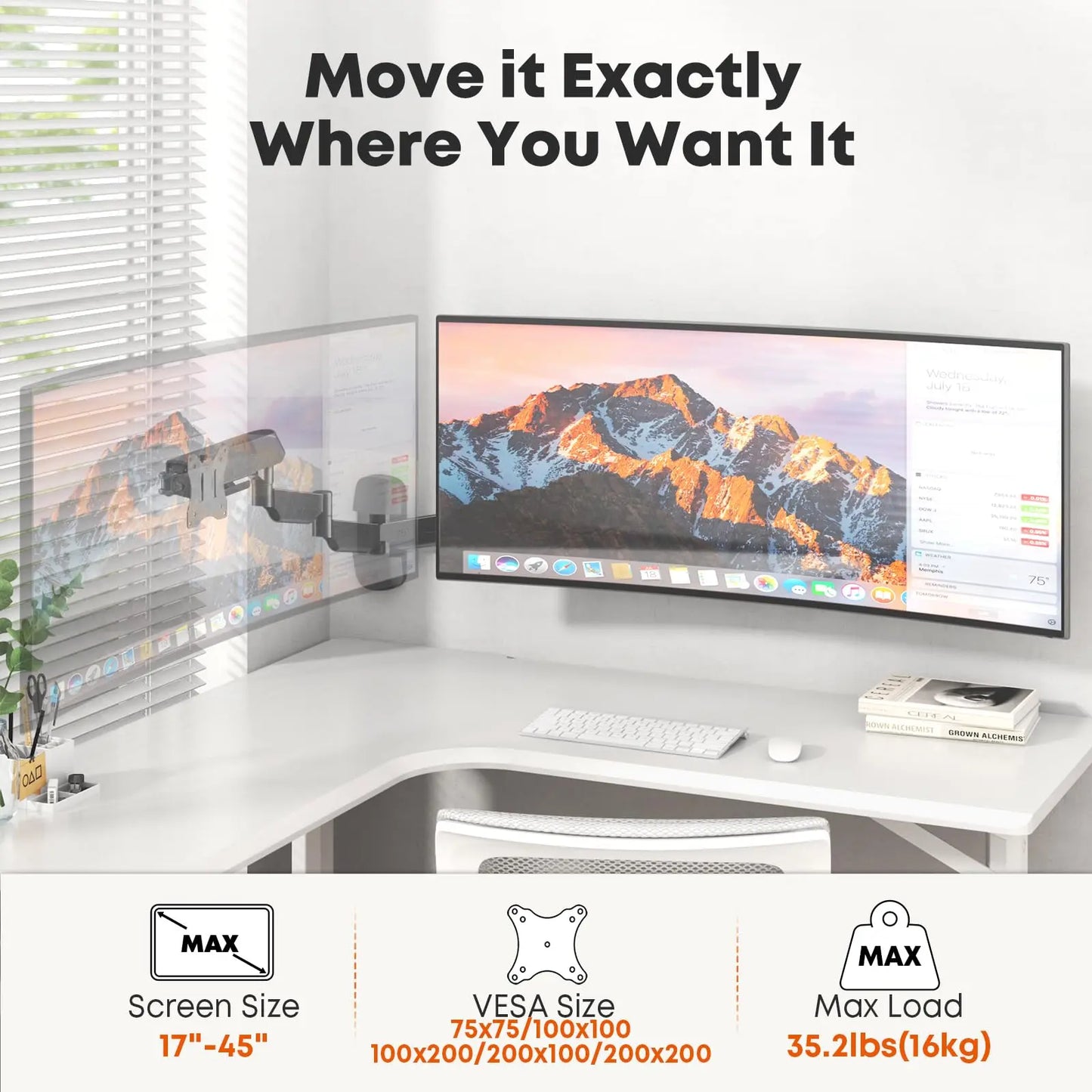 PUTORSEN Extra Long Monitor Wall Mount for up to 45'' Screens, Holds 35.2lbs, VESA 75/100/200 mm, Black PUTORSEN
