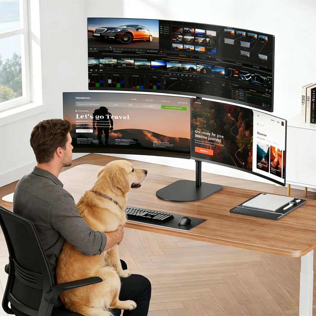 PUTORSEN Freestanding Triple Monitor Stand, Holds 44 lbs, Fits up to 49", Heavy-Duty Fully Adjustable Gas Spring Arm, VESA 75/100mm, Larger Base & Built-in Cable Management, Black PUTORSEN