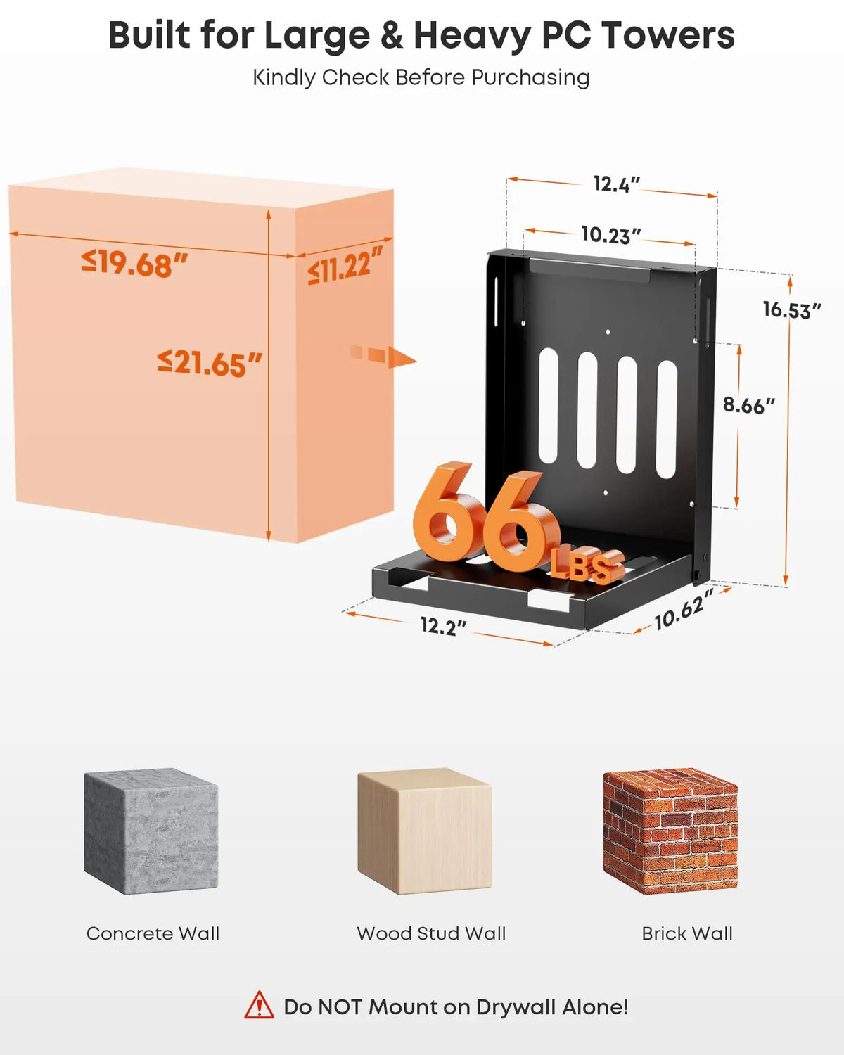 PUTORSEN Heavy Duty PC Wall Mount for Most Mid Towers & Gaming PC Cases, Fits PC Cases up to 19.68" H × 11.22" W × 21.65" D PUTORSEN