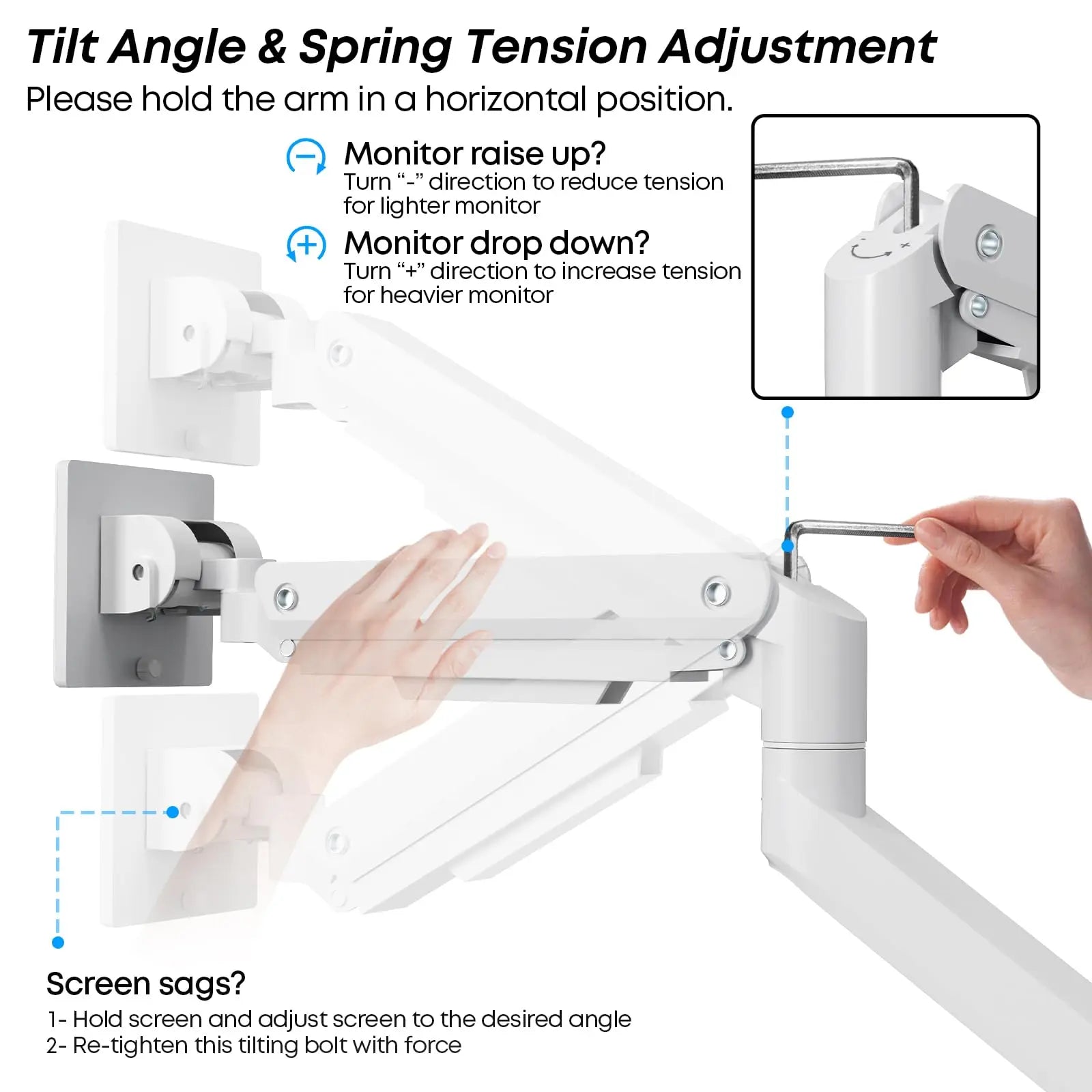 PUTORSEN Heavy Duty Single Monitor Arm - Fit most 17"-49" Flat and Curved Screens Gas Spring Monitor Mount with Tilt/Swivel Function Weight Capacity 2~20kg, VESA 75x75/100x100, White PUTORSEN