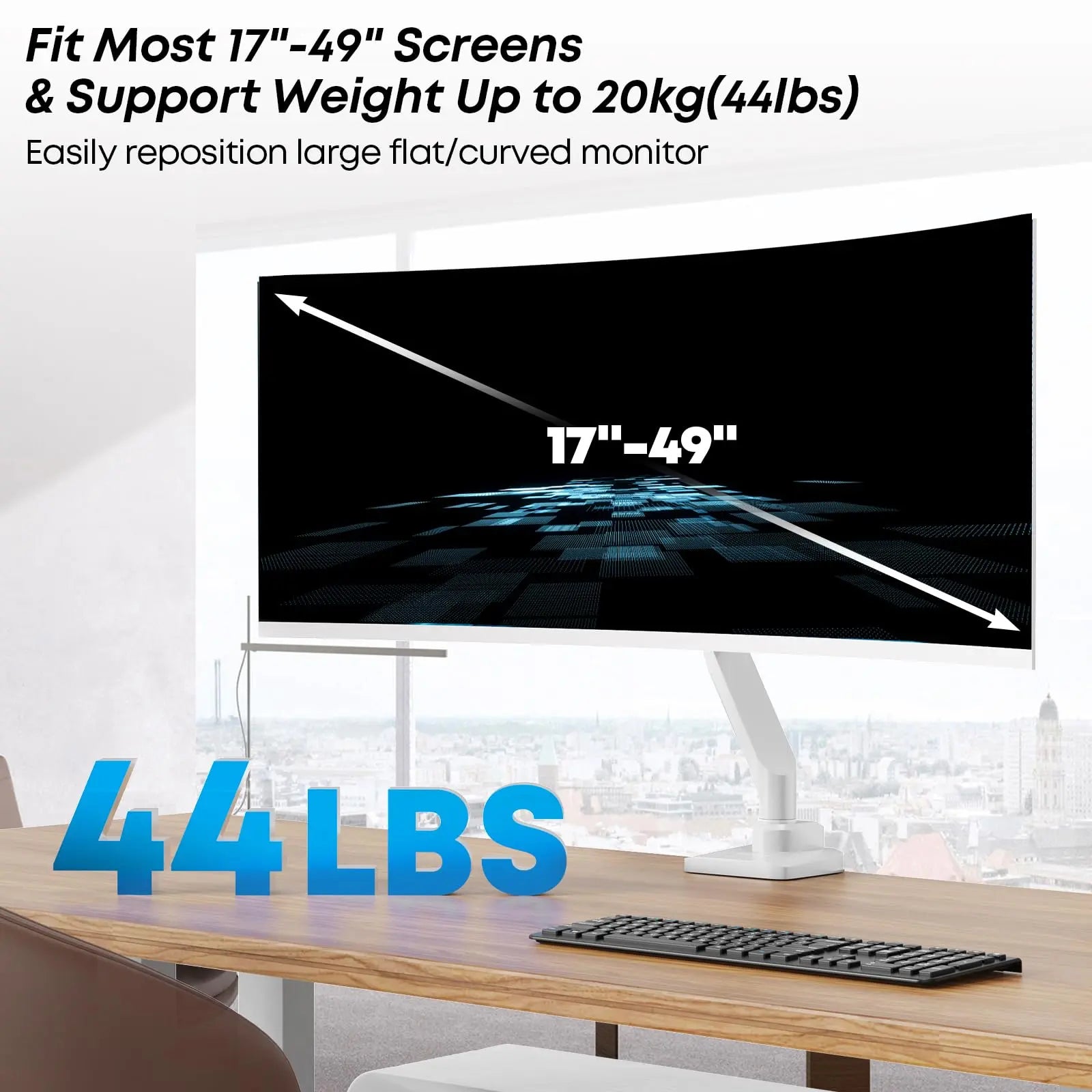 PUTORSEN Heavy Duty Single Monitor Arm - Fit most 17"-49" Flat and Curved Screens Gas Spring Monitor Mount with Tilt/Swivel Function Weight Capacity 2~20kg, VESA 75x75/100x100, White PUTORSEN