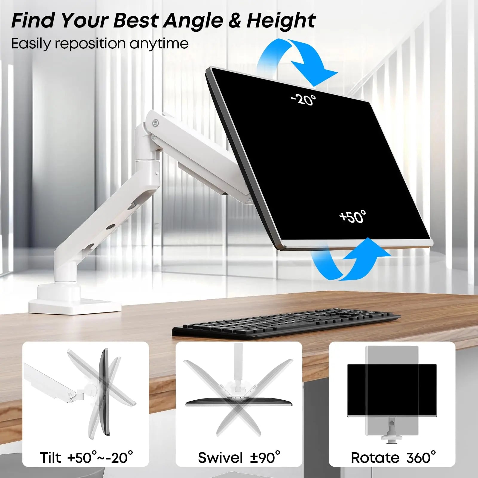 PUTORSEN Heavy Duty Single Monitor Arm - Fit most 17"-49" Flat and Curved Screens Gas Spring Monitor Mount with Tilt/Swivel Function Weight Capacity 2~20kg, VESA 75x75/100x100, White PUTORSEN