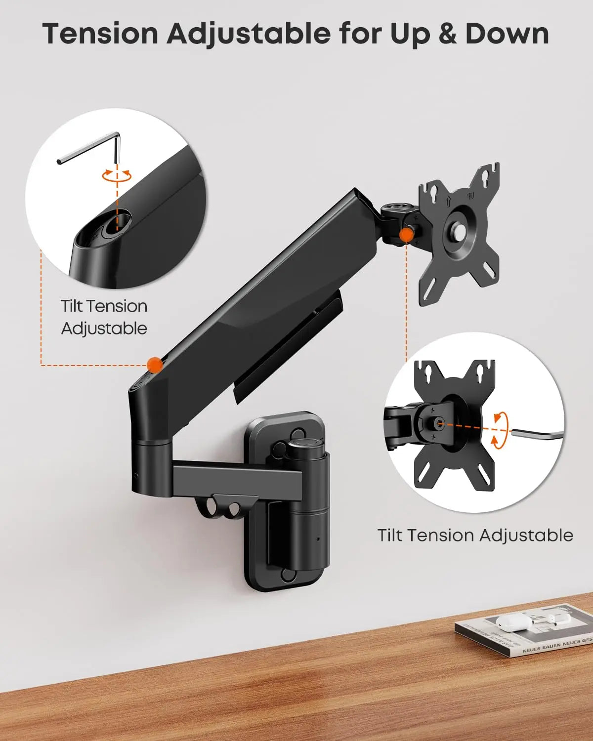 PUTORSEN Heavy Duty Single Monitor Arm Wall Mount fits 27-45 inch Flat/Curved/Ultrawide Monitors, Full Motion Gas Spring Arm Holds 35.2 lbs, Black PUTORSEN