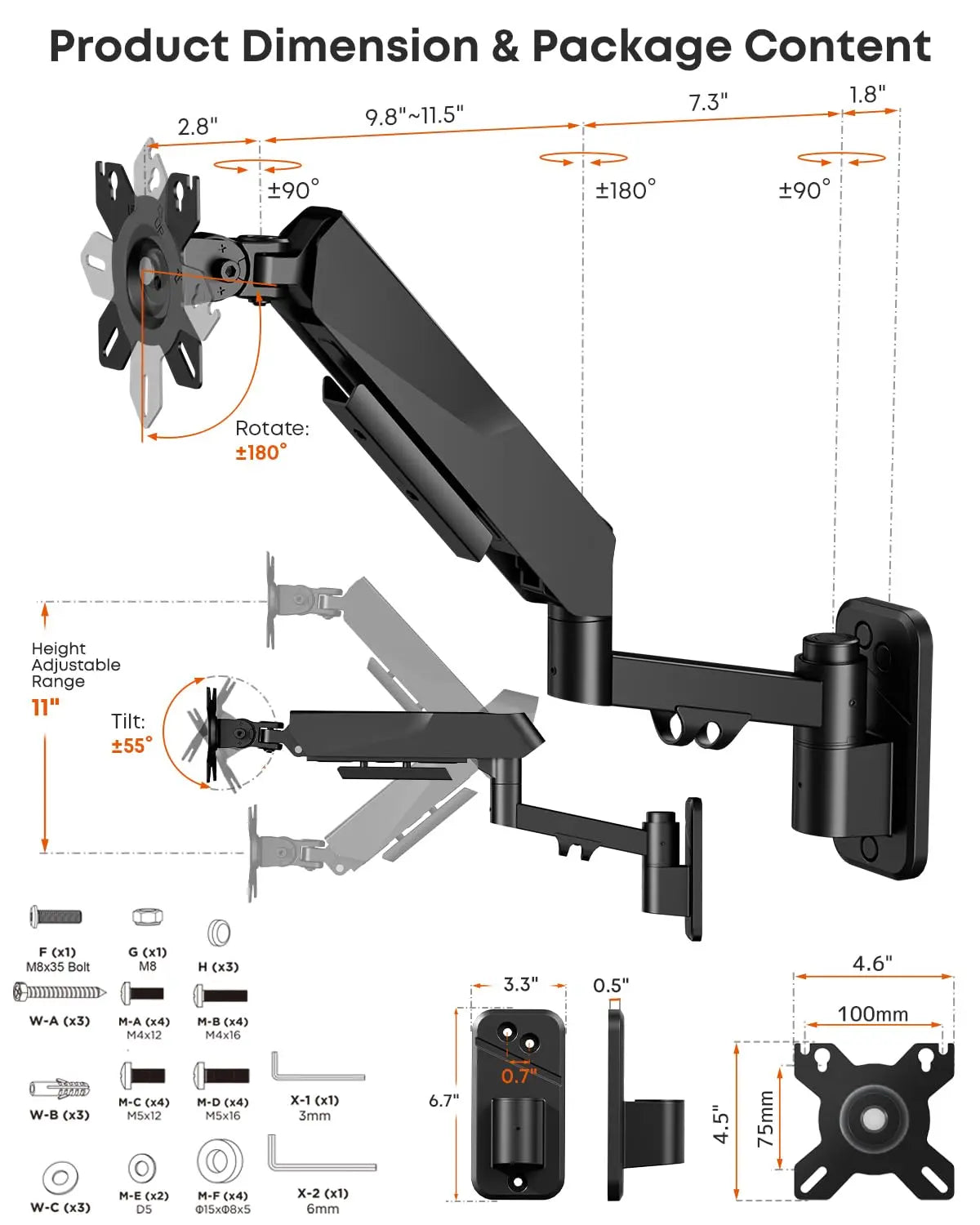 PUTORSEN Heavy Duty Single Monitor Arm Wall Mount fits 27-45 inch Flat/Curved/Ultrawide Monitors, Full Motion Gas Spring Arm Holds 35.2 lbs, Black PUTORSEN