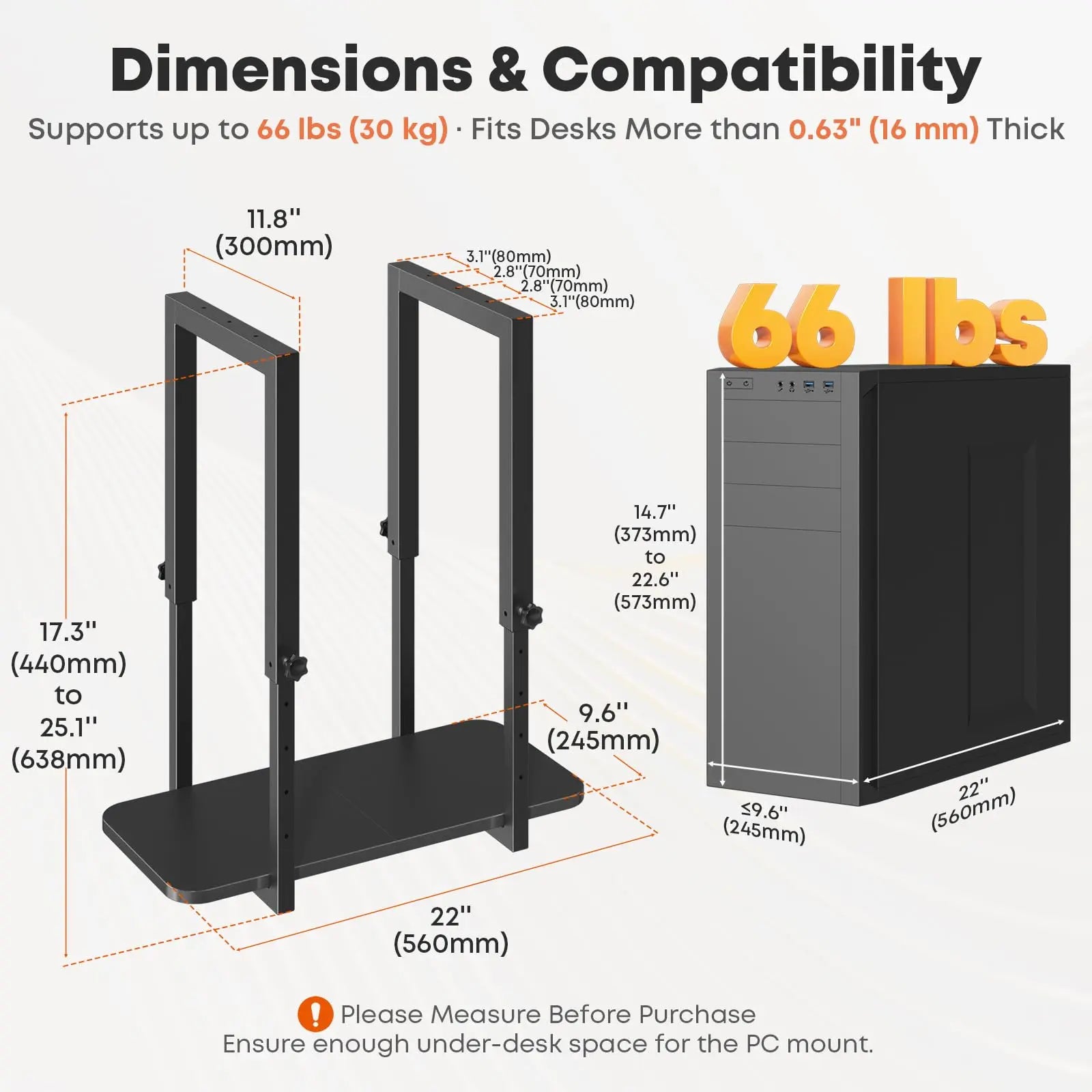 PUTORSEN Heavy Duty Under Desk PC Mount with Adjustable Height, Space Saving Desk Mounted Computer Stand, Max Load 66 lbs PUTORSEN